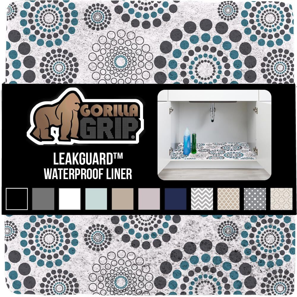 Gorilla Grip Leakguard Non-Adhesive Under Sink Mat For Kitchen Cabinet, Waterproof Quick Dry Shelf Liner, Durable Absorbent Felt Mats For Bathroom Sink, Cabinets, Dresser, 24X30 Spiral Gray Turquoise