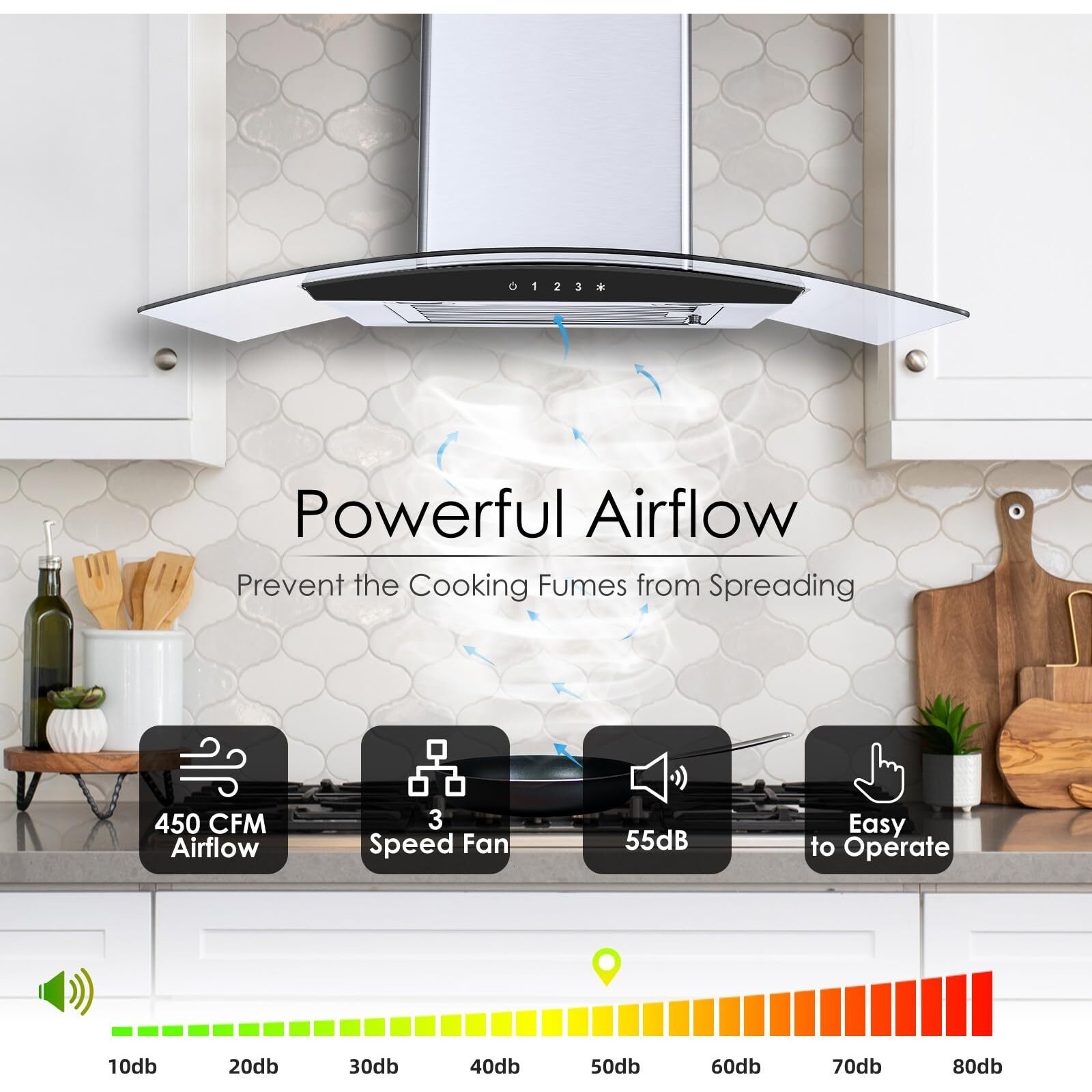 Tieasy Range Hood 30 Inch, 450 Cfm Wall Mount Kitchen Hood With Ducted/Ductless Convertible Stainless Steel Filter Range Hoods 3-Speed Touch Control Led Lights