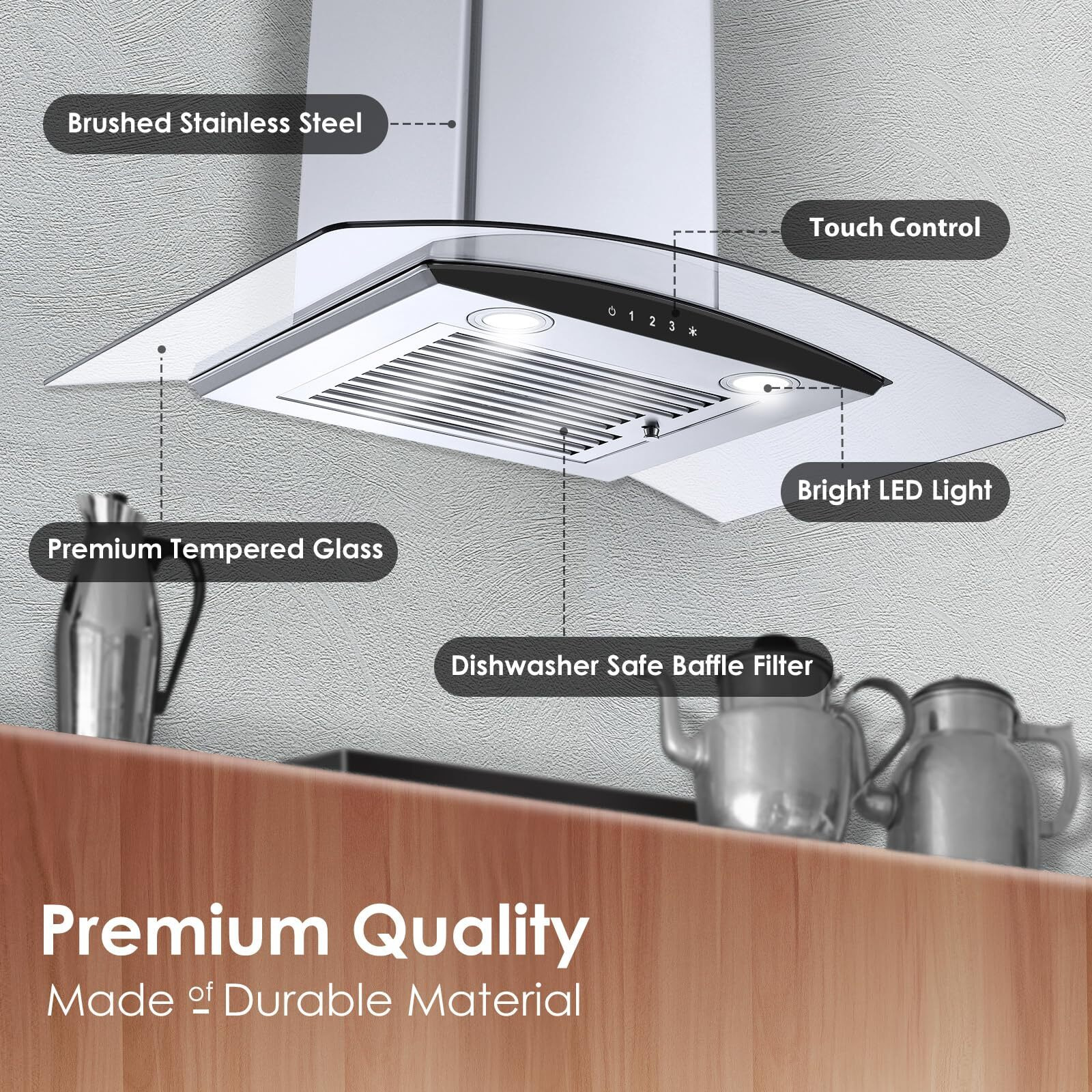 Tieasy Range Hood 30 Inch, 450 Cfm Wall Mount Kitchen Hood With Ducted/Ductless Convertible Stainless Steel Filter Range Hoods 3-Speed Touch Control Led Lights