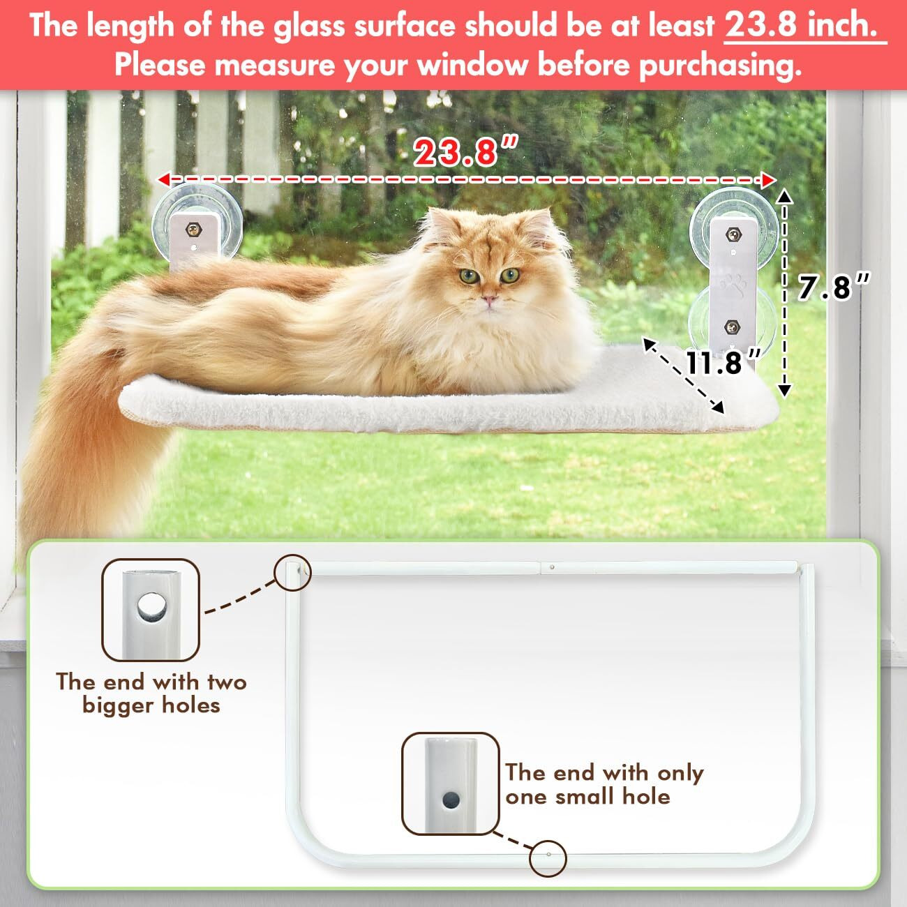 Amosijoy Cordless Cat Window Perch, Cat Hammock For Wall With 4 Strong Suction Cups, Solid Metal Frame And Reversible Cover, Foldable Cat Beds For Indoor Cats (Medium-White)