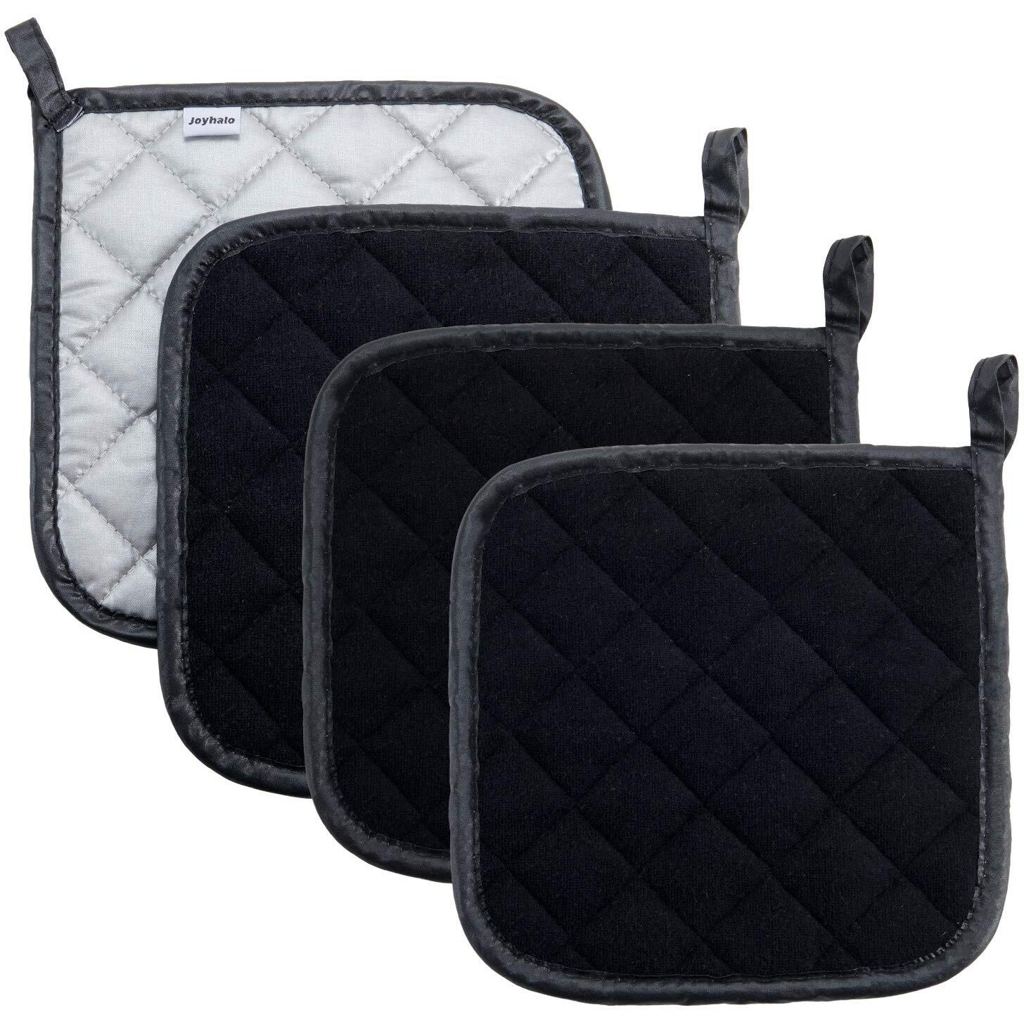 Joyhalo 4 Pack Pot Holders For Kitchen Heat Resistant Clearance Pot Holders Sets Oven Hot Pads Terry Cloth Pot Holders For Cooking Baking, Black