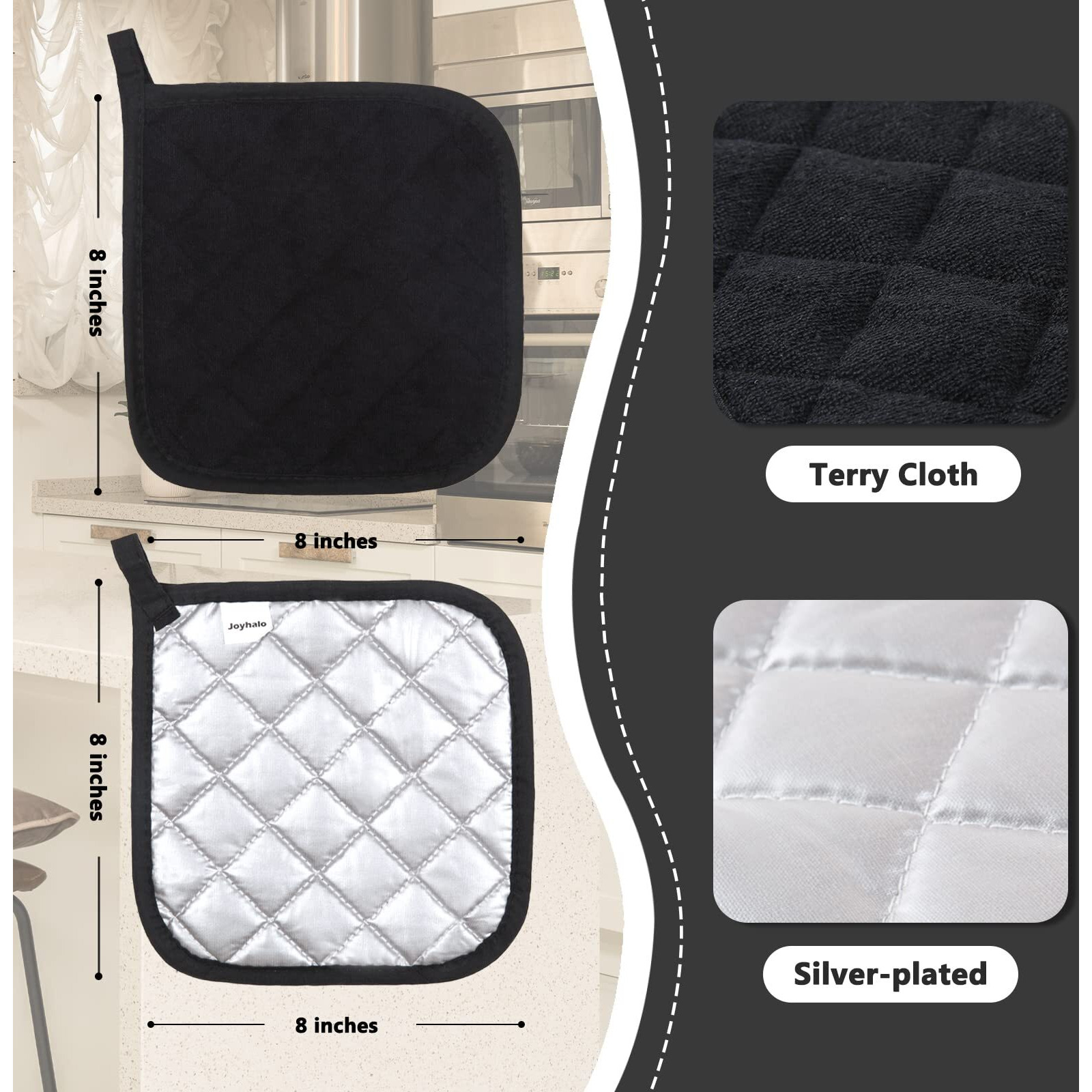Joyhalo 4 Pack Pot Holders For Kitchen Heat Resistant Clearance Pot Holders Sets Oven Hot Pads Terry Cloth Pot Holders For Cooking Baking, Black
