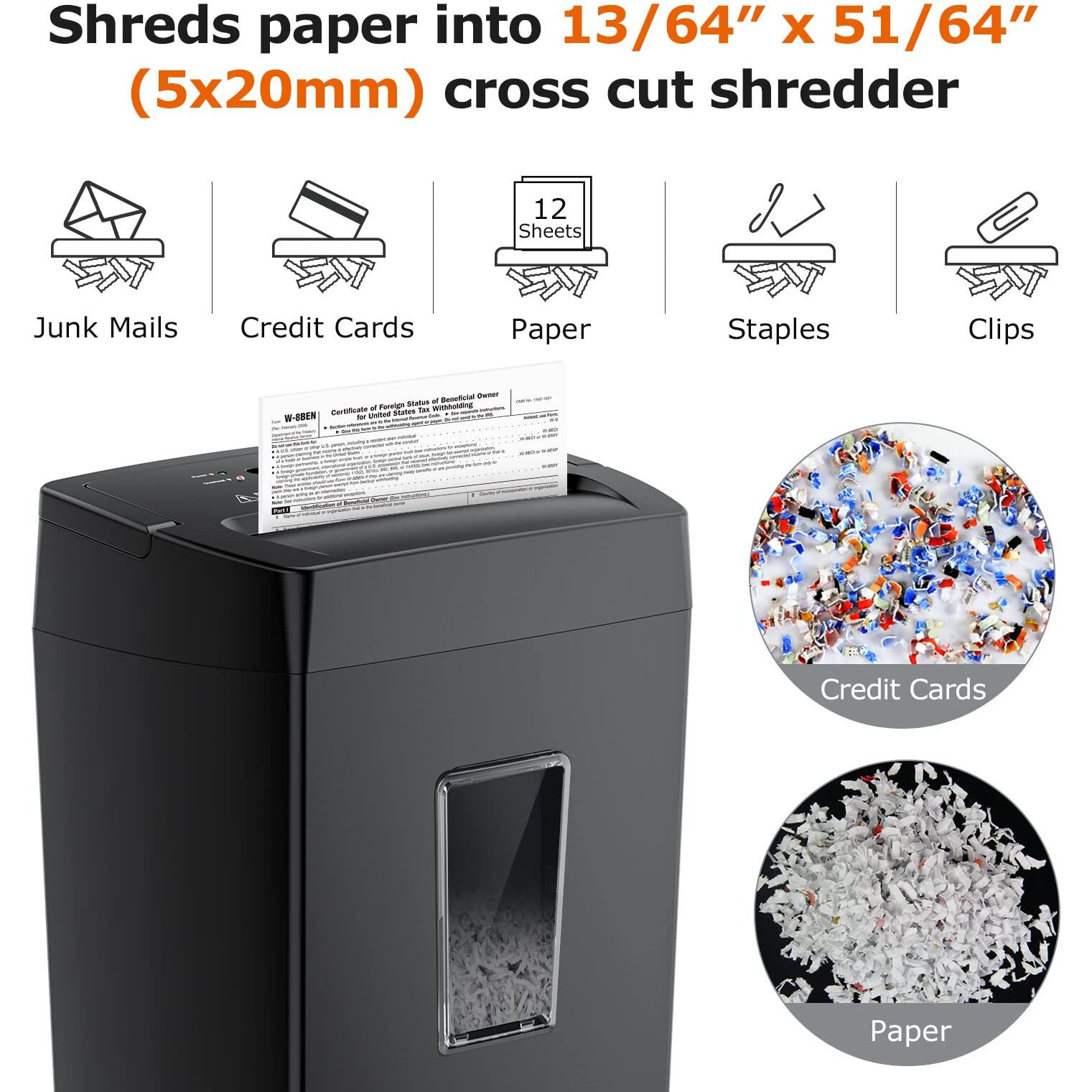 Bonsaii 12-Sheet Cross Cut Paper Shredder, 5.5 Gal Home Office Heavy Duty Shredder For Paper, Credit Card, Mail, Staples, With Transparent Window, High Security Level P-4 (C275-A)