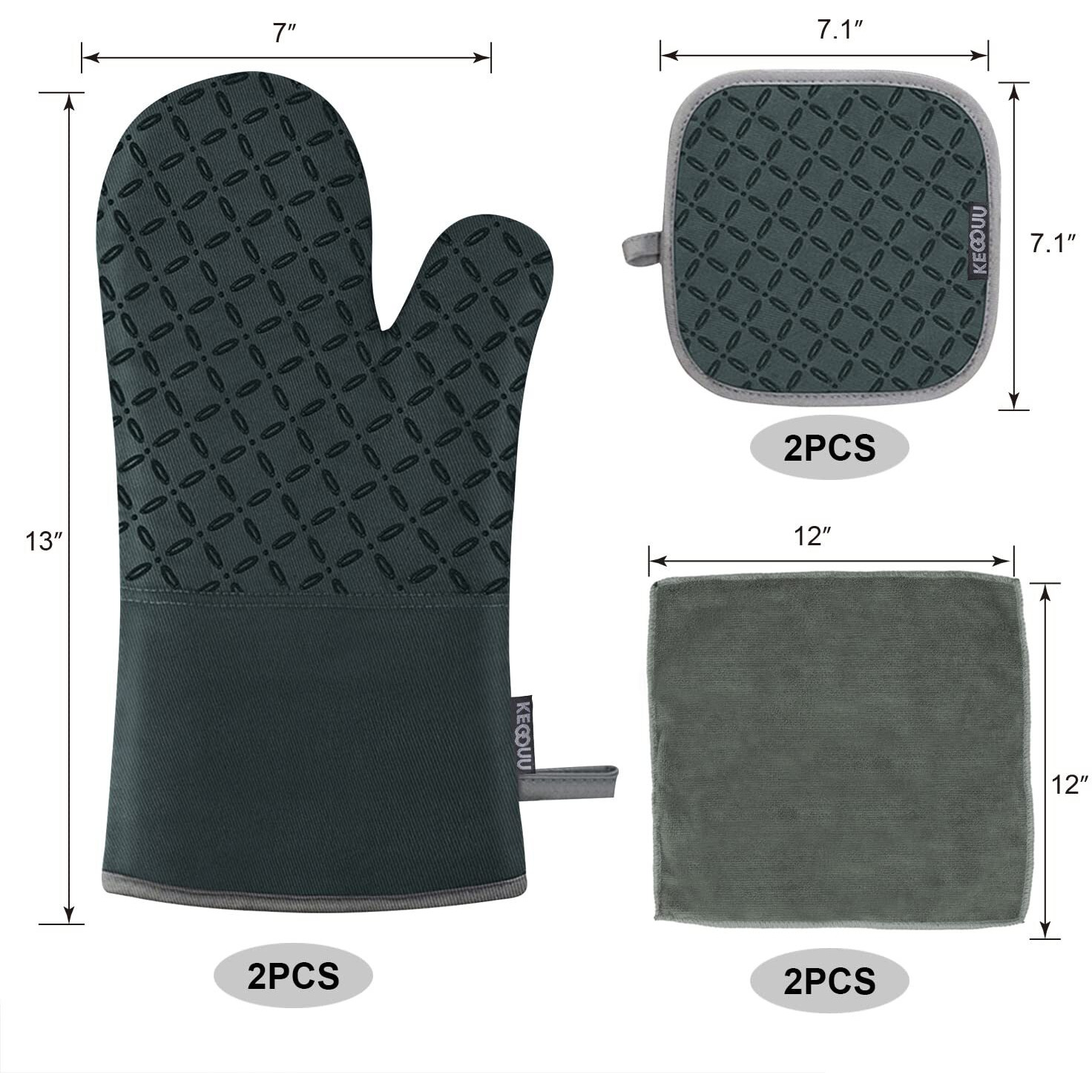 Kegouu Oven Mitts And Pot Holders 6Pcs Set, Kitchen Oven Glove High Heat Resistant 500 Degree Extra Long Oven Mitts And Potholder With Non-Slip Silicone Surface For Cooking (Deep Green)