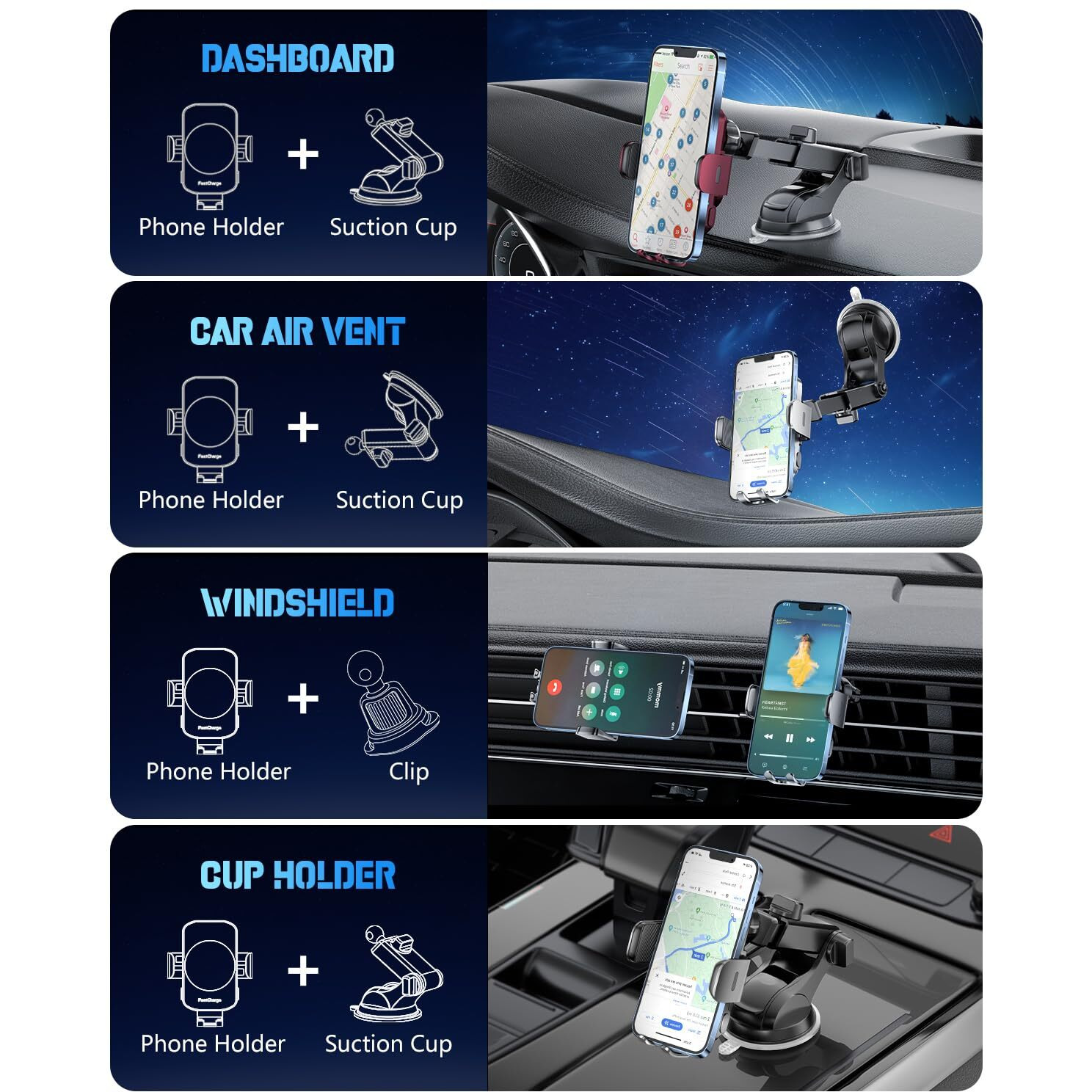 Bothlin Wireless Car Charger, Fast Charging Phone Holder 3 In 1 Phone Mount Auto Clamping Car Accessories Compatible With Iphone 16 15 14 13 12 11 Xs Xr, Samsung S23 Ultra S22 S21 S20/S10+ S9+ Note 9