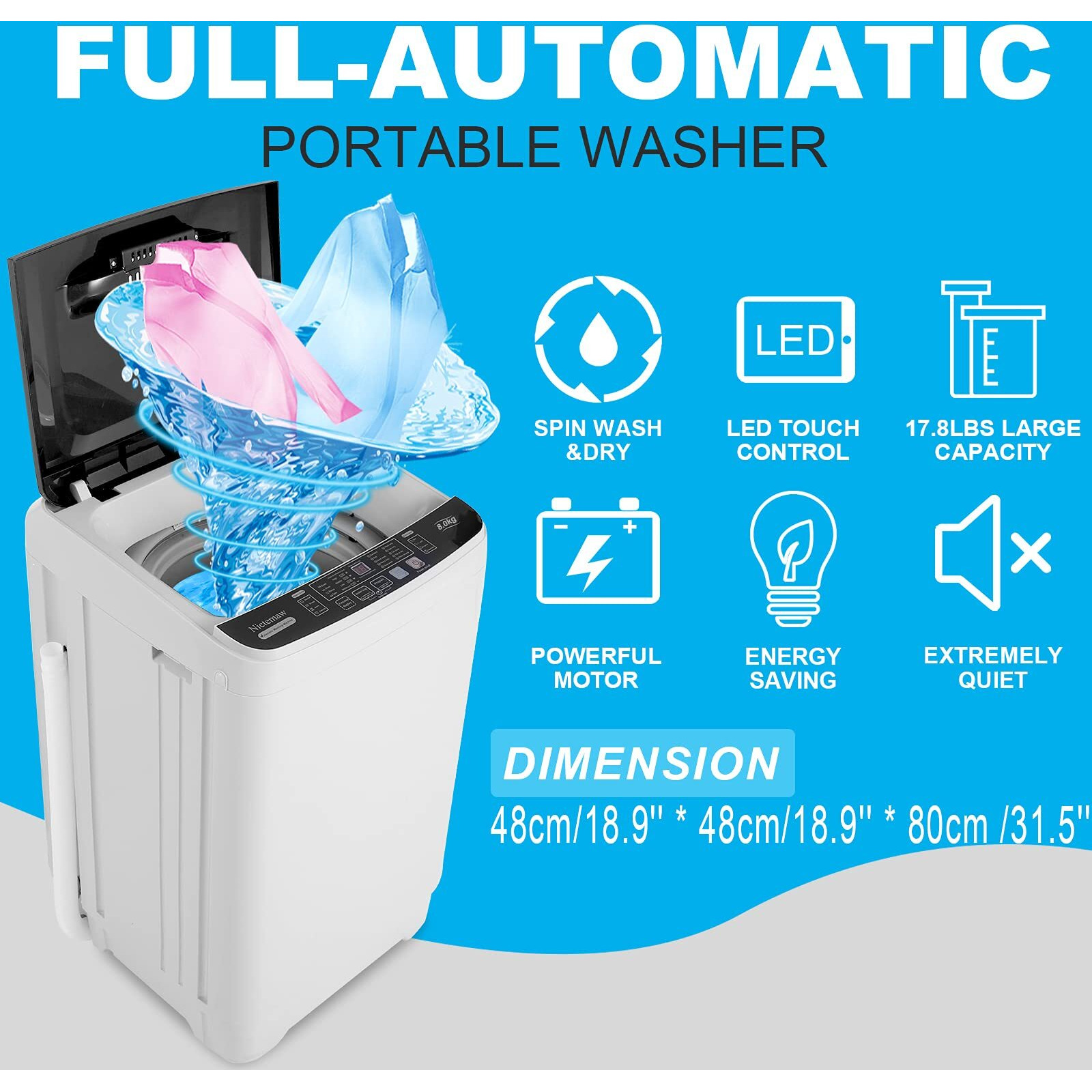Nictemaw Portable Washing Machine, 17.8Lbs Portable Washer Machine, 2.4Cu.Ft Compact Laundry Washer And Dryer Combo With Drain Pump, 10 Wash Programs 8 Water Levels For Apartment Rv Dorm