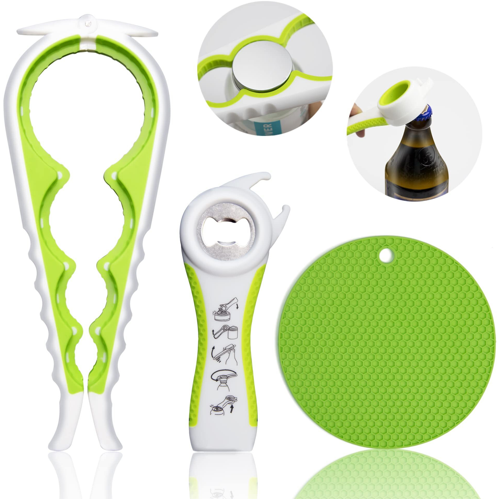 Jar Opener For Weak Hands, Seniors With Arthritis, 5 In 1 Multi Function Bottle Opener Lid Opener For Arthritic Hands With Non Slip Rubber Jar Opener Gripper Pad(3-Piece Set, Green)