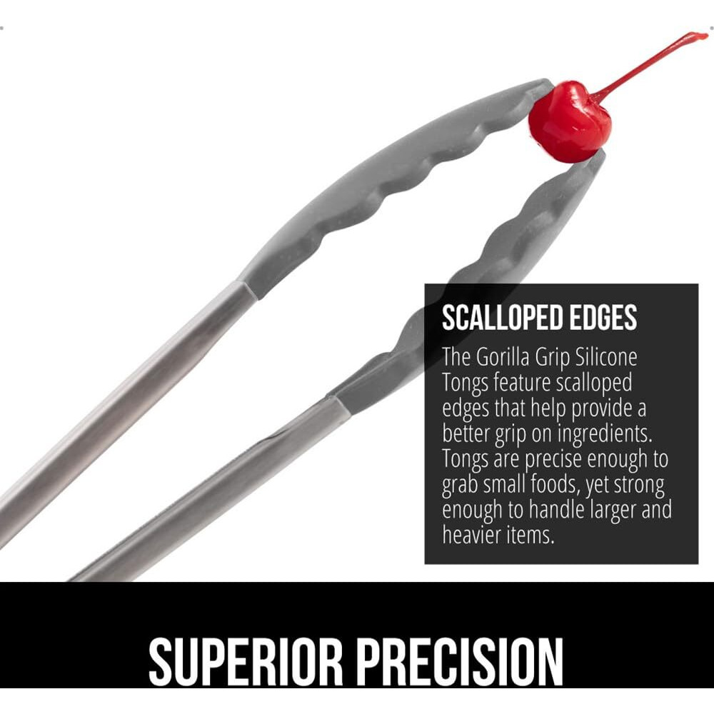 Gorilla Grip Stainless Steel Heat Resistant Kitchen Tongs For Cooking, Set Of 2 Bbq Tong, Non Scratch Silicone Tip For Pans, Strong Grip, Grab Food, Toss Salad, Air Fryer, Pull Lock, 7 + 9 Inch, Gray