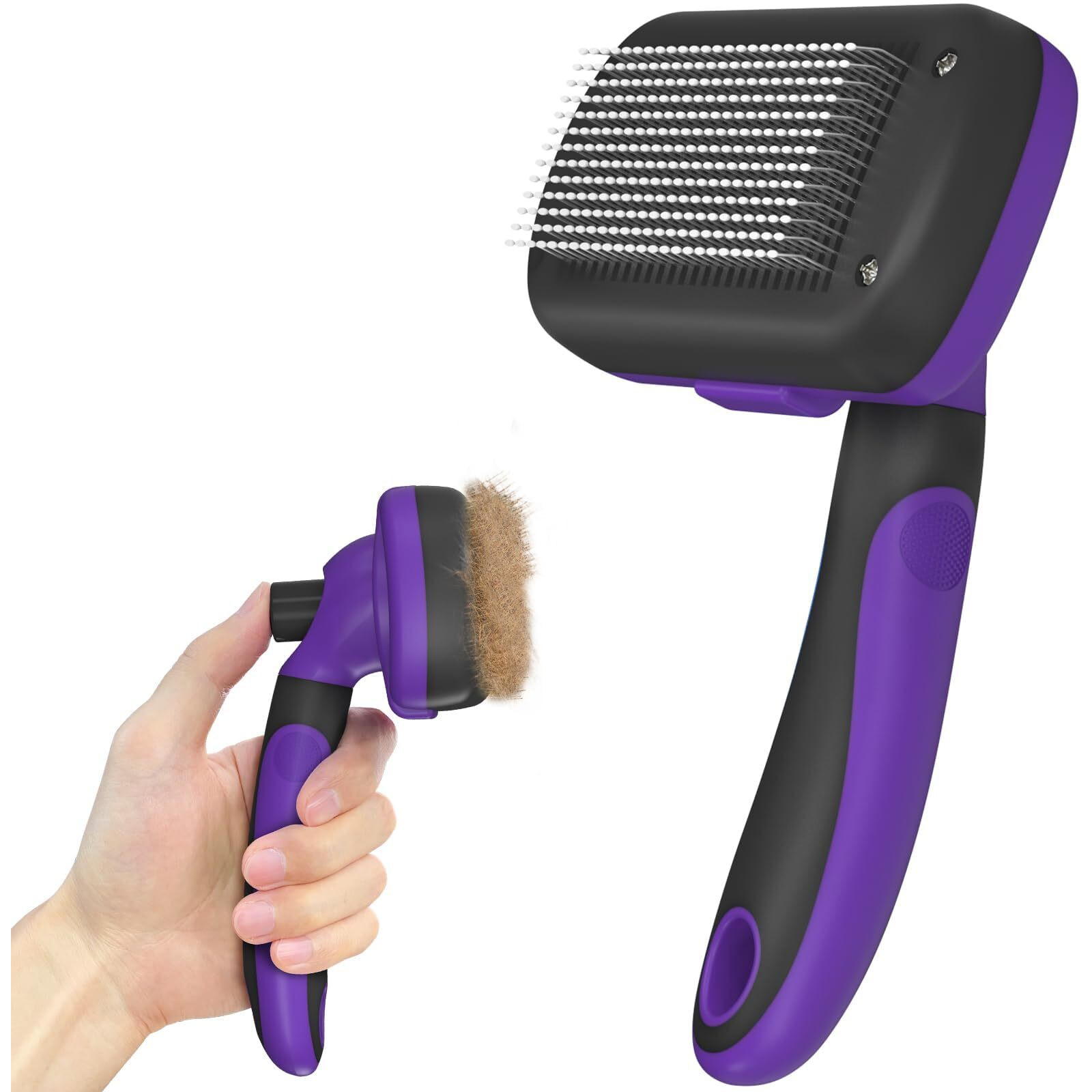 Dipoo Self Cleaning Cat & Dog Grooming Brush - Skin Friendly Deshedding Hair Brush For Haired Dogs & Puppies, Purple