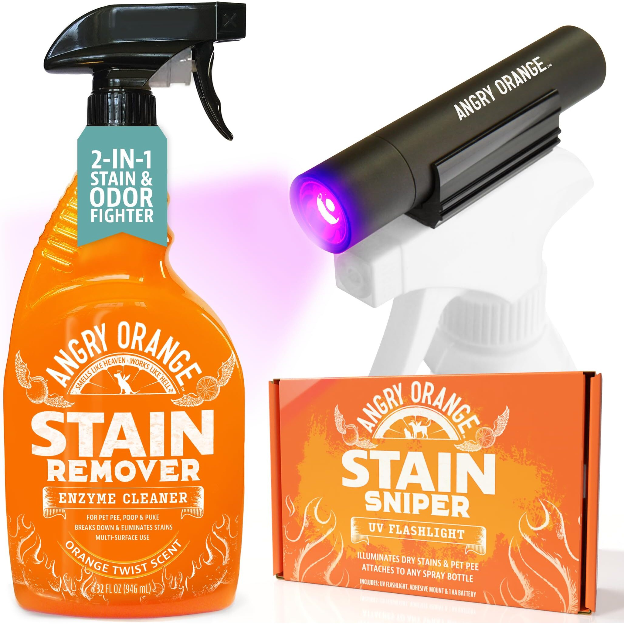 Angry Orange Odor Eliminator & Pet Stain Remover - Carpet Cleaner For Pets, Citrus Scented Dog Pee Deodorizing Spray And Enzyme Cleaner For Home With Uv Flashlight