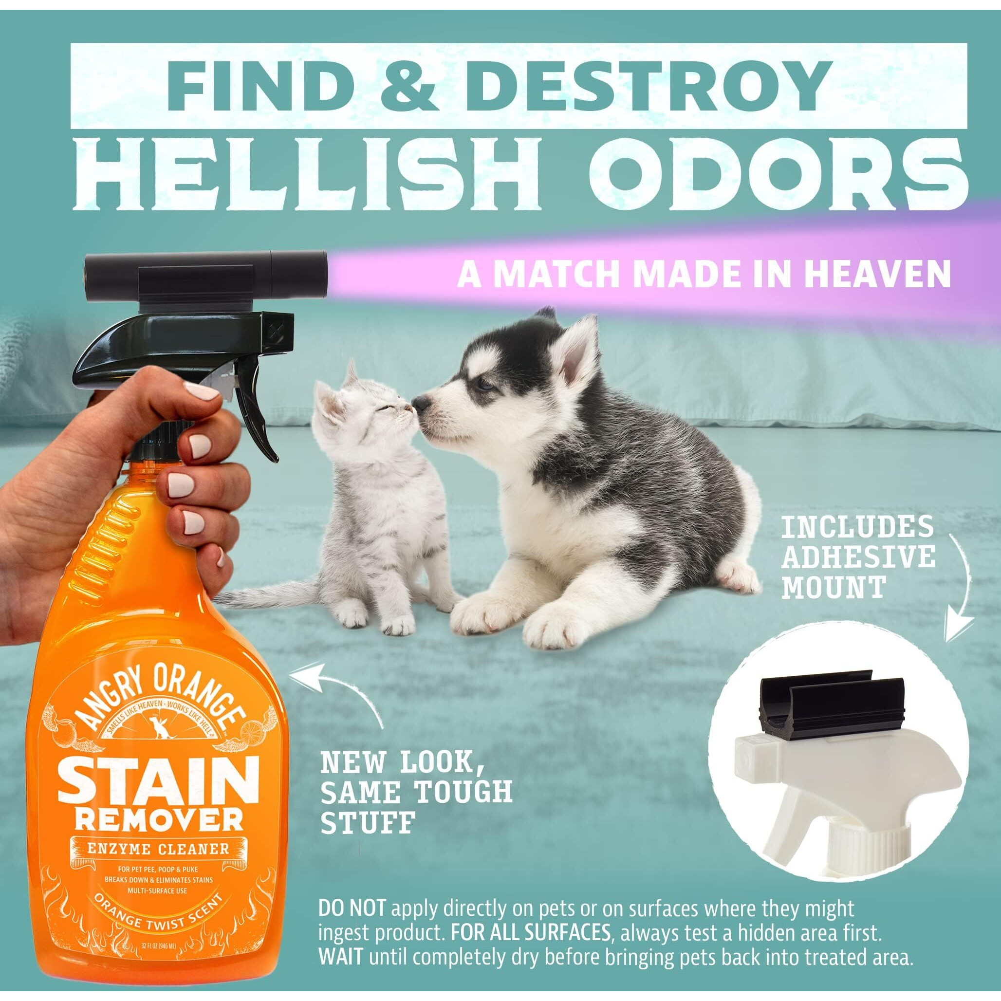 Angry Orange Odor Eliminator & Pet Stain Remover - Carpet Cleaner For Pets, Citrus Scented Dog Pee Deodorizing Spray And Enzyme Cleaner For Home With Uv Flashlight