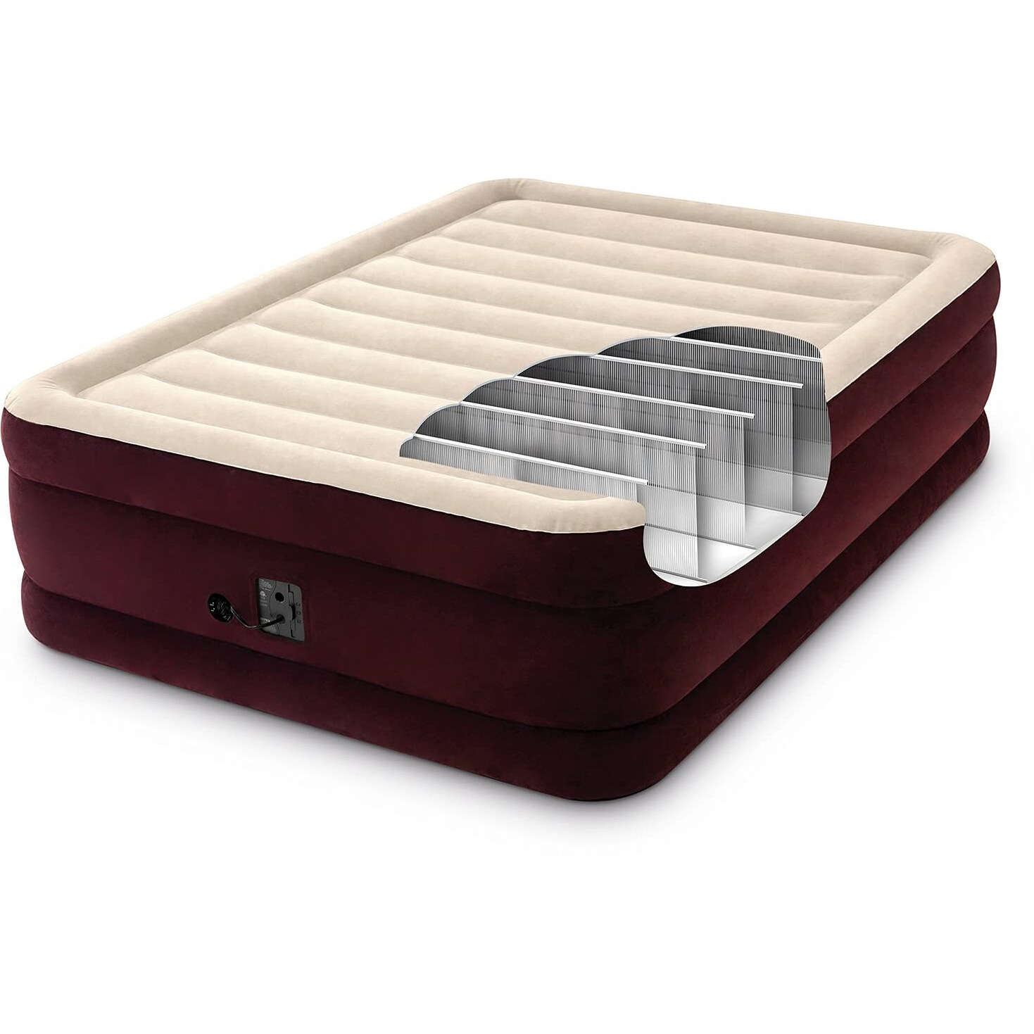 Intex 66140Mz Dura-Beam Deluxe Inflatable Blow Up Air Mattress For Home, Camping, Guests - Queen Size With Built-In Electric Pump - 20In Bed Height - 600Lb Weight Capacity - Maroon