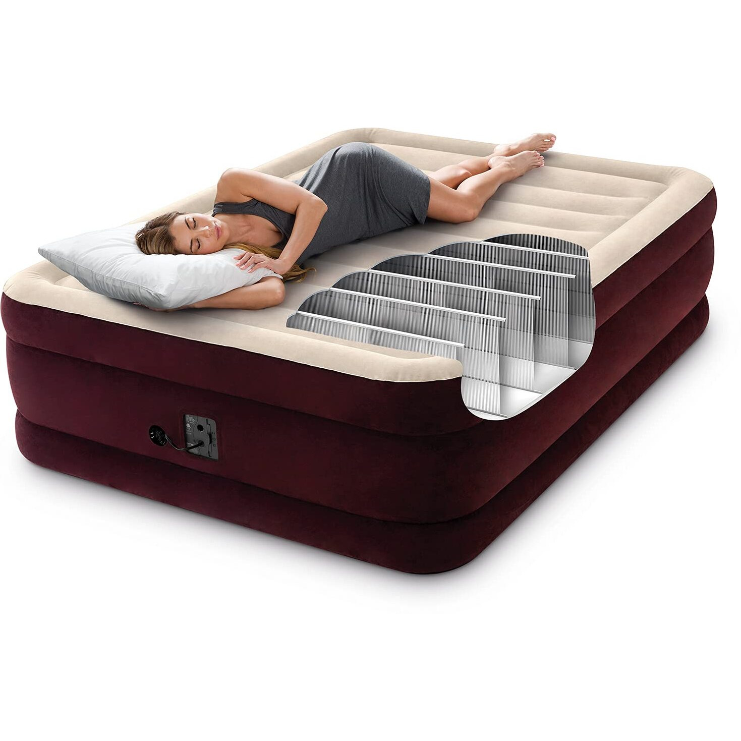 Intex 66140Mz Dura-Beam Deluxe Inflatable Blow Up Air Mattress For Home, Camping, Guests - Queen Size With Built-In Electric Pump - 20In Bed Height - 600Lb Weight Capacity - Maroon
