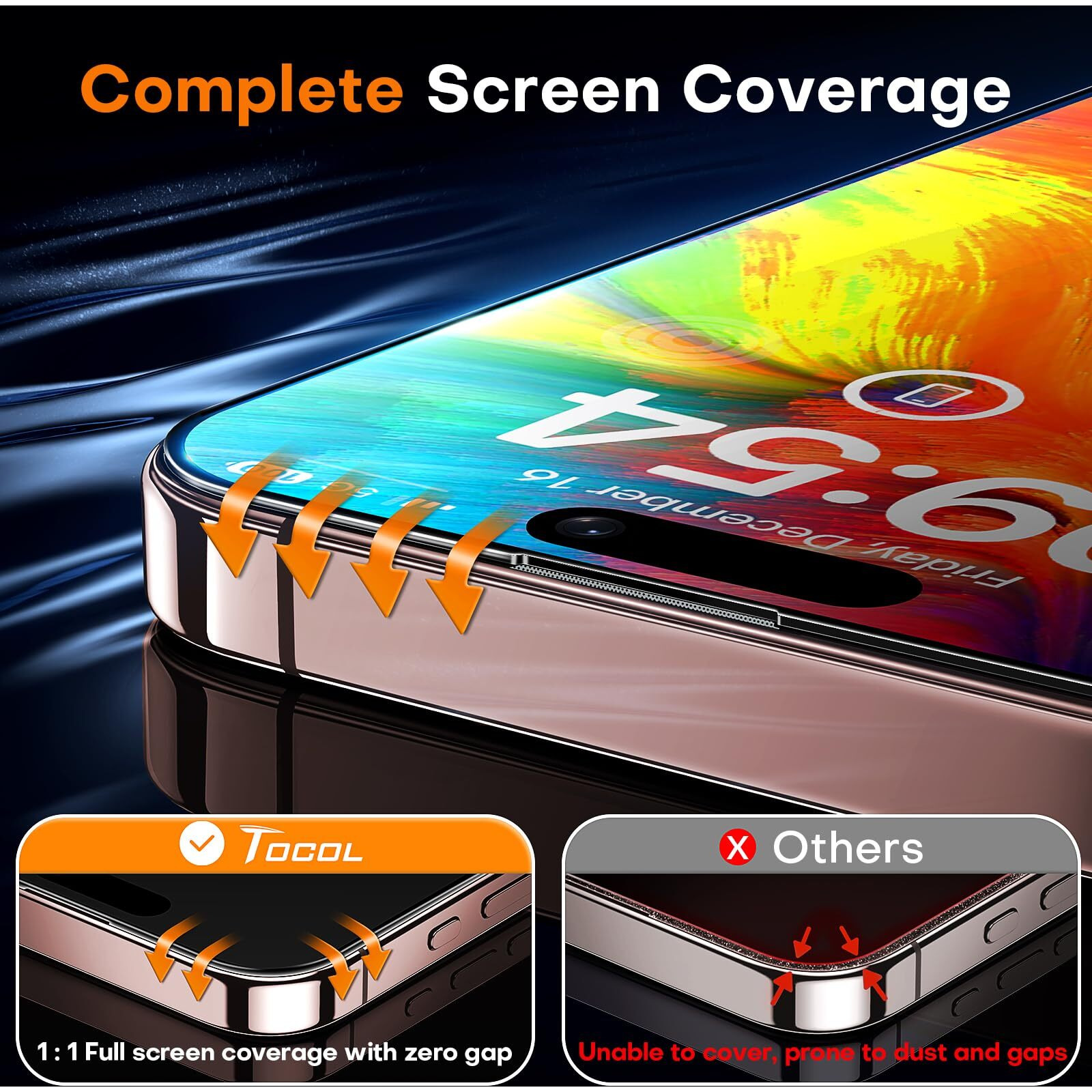 Tocol For Iphone 16 Pro Screen Protector, [9H Hardness] [Military Grade Shatterproof] Hd Tempered Glass For Iphone 16 Pro Full Coverage Screen Protector, Easy Installation, 2 Pack