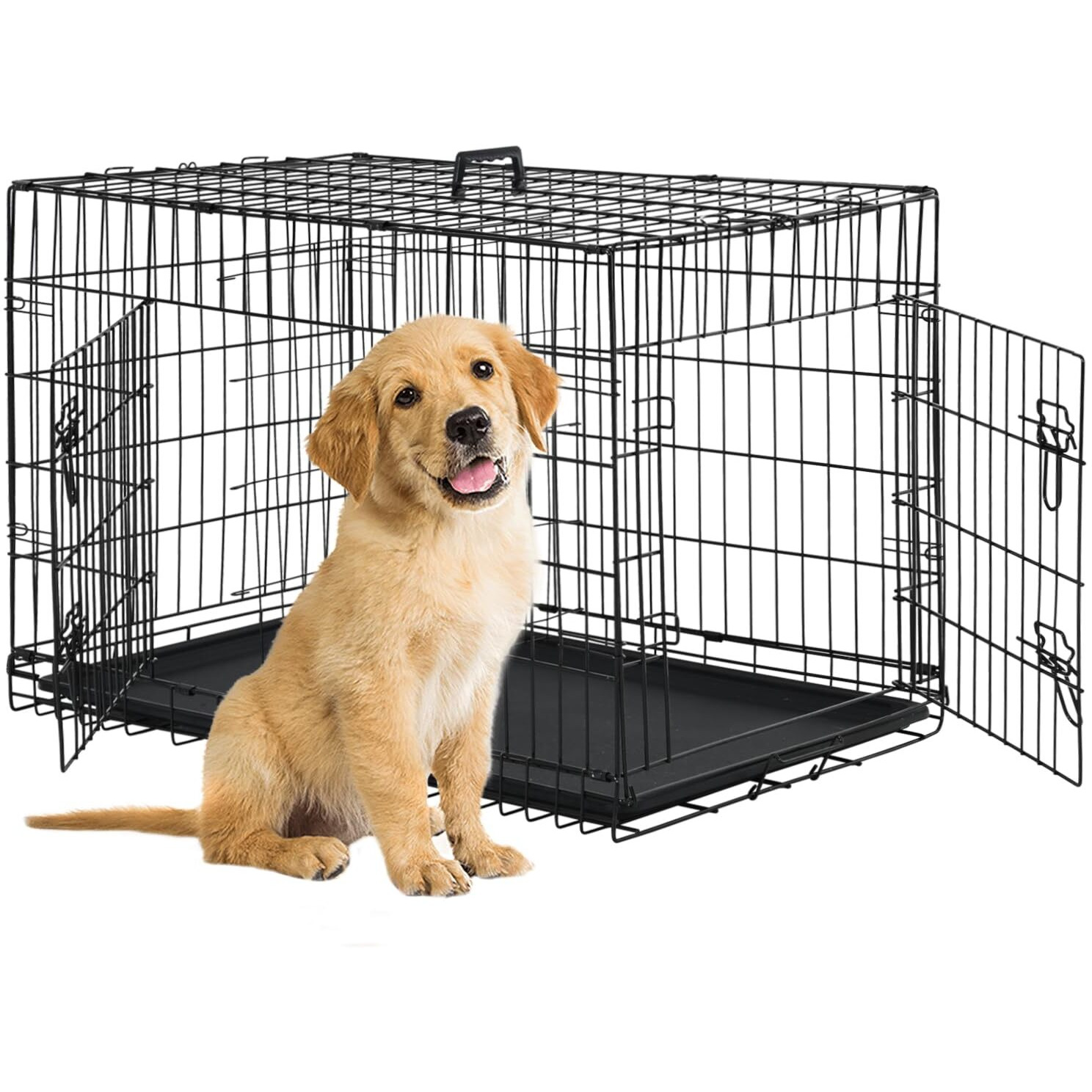 Bestpet Dog Crate Dog Cage Dog Kennel Metal Wire Double-Door Folding Pet Animal Pet Cage With Plastic Tray And Handle For Small Dogs,24 Inches
