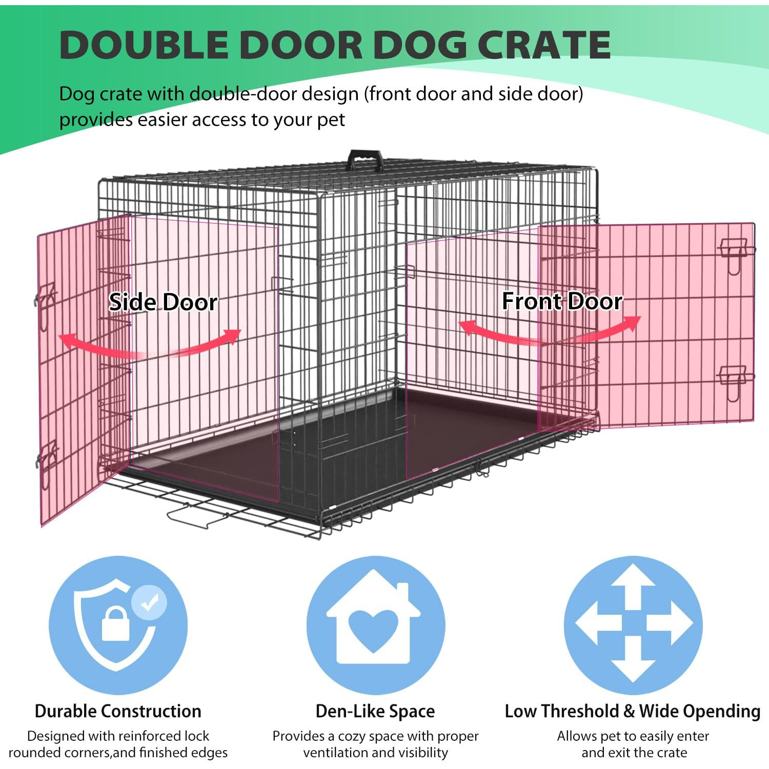 Bestpet Dog Crate Dog Cage Dog Kennel Metal Wire Double-Door Folding Pet Animal Pet Cage With Plastic Tray And Handle For Small Dogs,24 Inches
