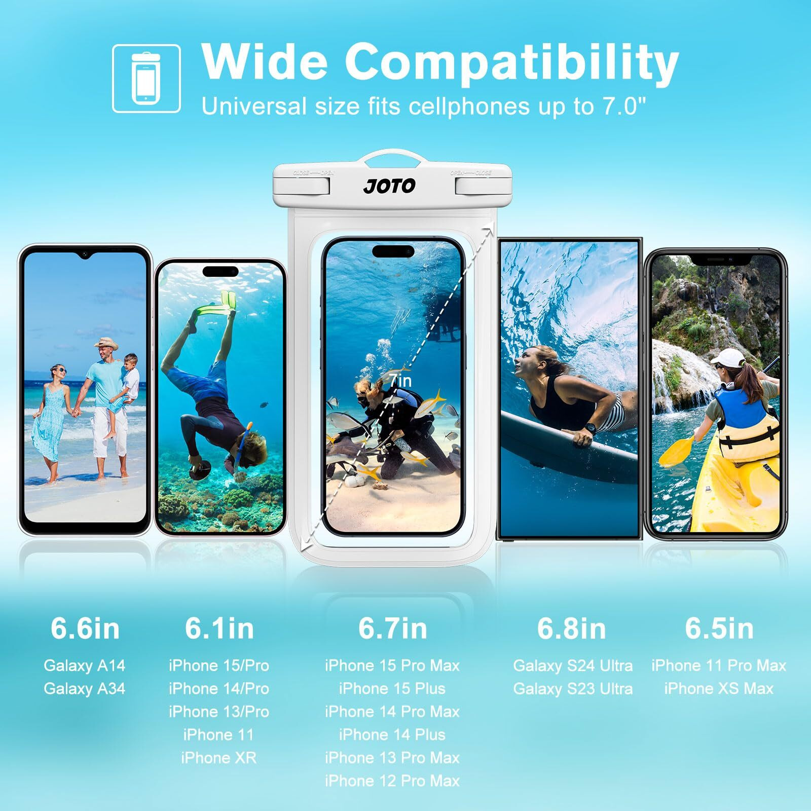 Joto Universal Waterproof Pouch Case For Iphone 16 15 14 13 Plus Pro Max, Ipx8 Cellphone Dry Bag 12 11 Pro Max Xr X 8 7 6S Plus Se, Galaxy S23 S22 S21 S20+ S20 S10 Plus Note, Pixel Up To 7"" -White
