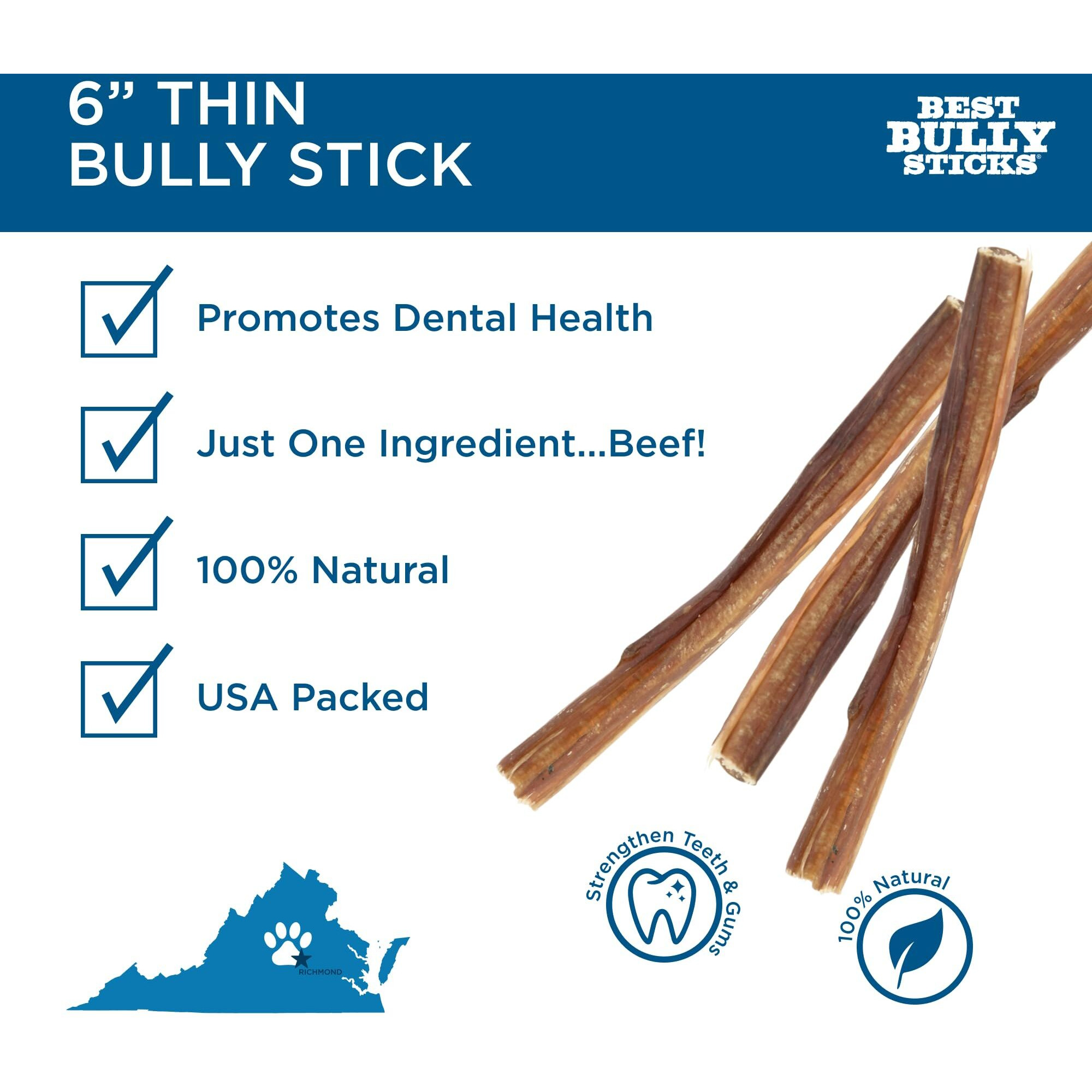 Best Bully Sticks 6 Inch All-Natural Thin Bully Sticks For Dogs - 6    Easily Digestible, 100% Grass-Fed Beef, Grain And Rawhide Free | 24 Pack
