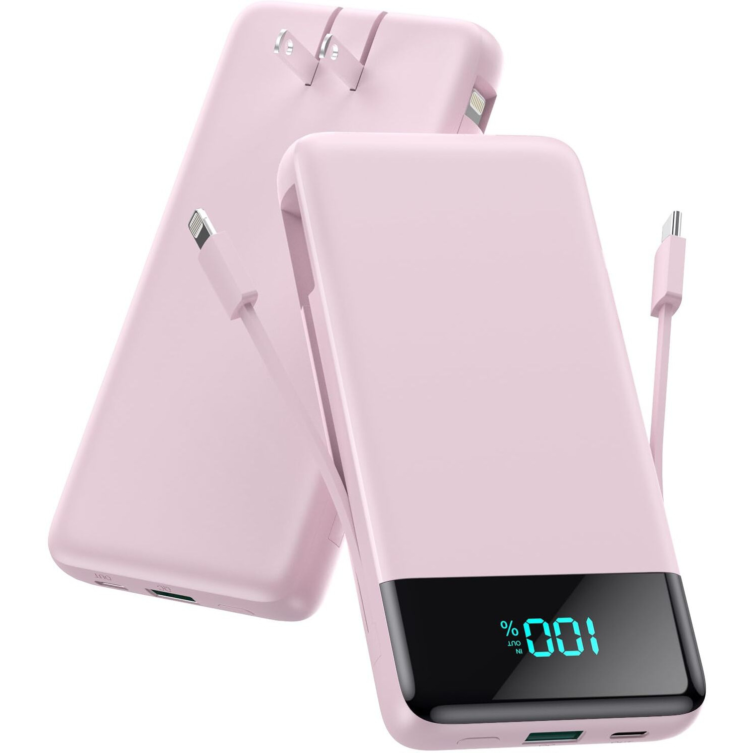 Portable Charger For Iphone With Built In Cables And Wall Plug,Upgraded 13800Mah Fast Charging Usb C Power Bank,4 Outputs Travel Essential Battery Pack Compatible With Iphone 15/14/13/12,Samsung-Pink
