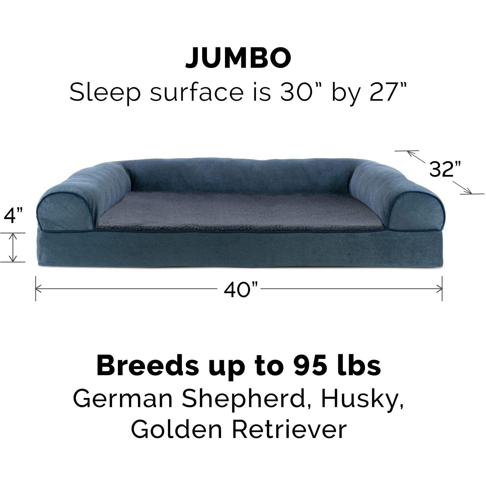 Furhaven Orthopedic Dog Bed For Large Dogs W/ Removable Bolsters & Washable Cover, For Dogs Up To 95 Lbs - Sherpa & Chenille Sofa - Orion Blue, Jumbo/Xl