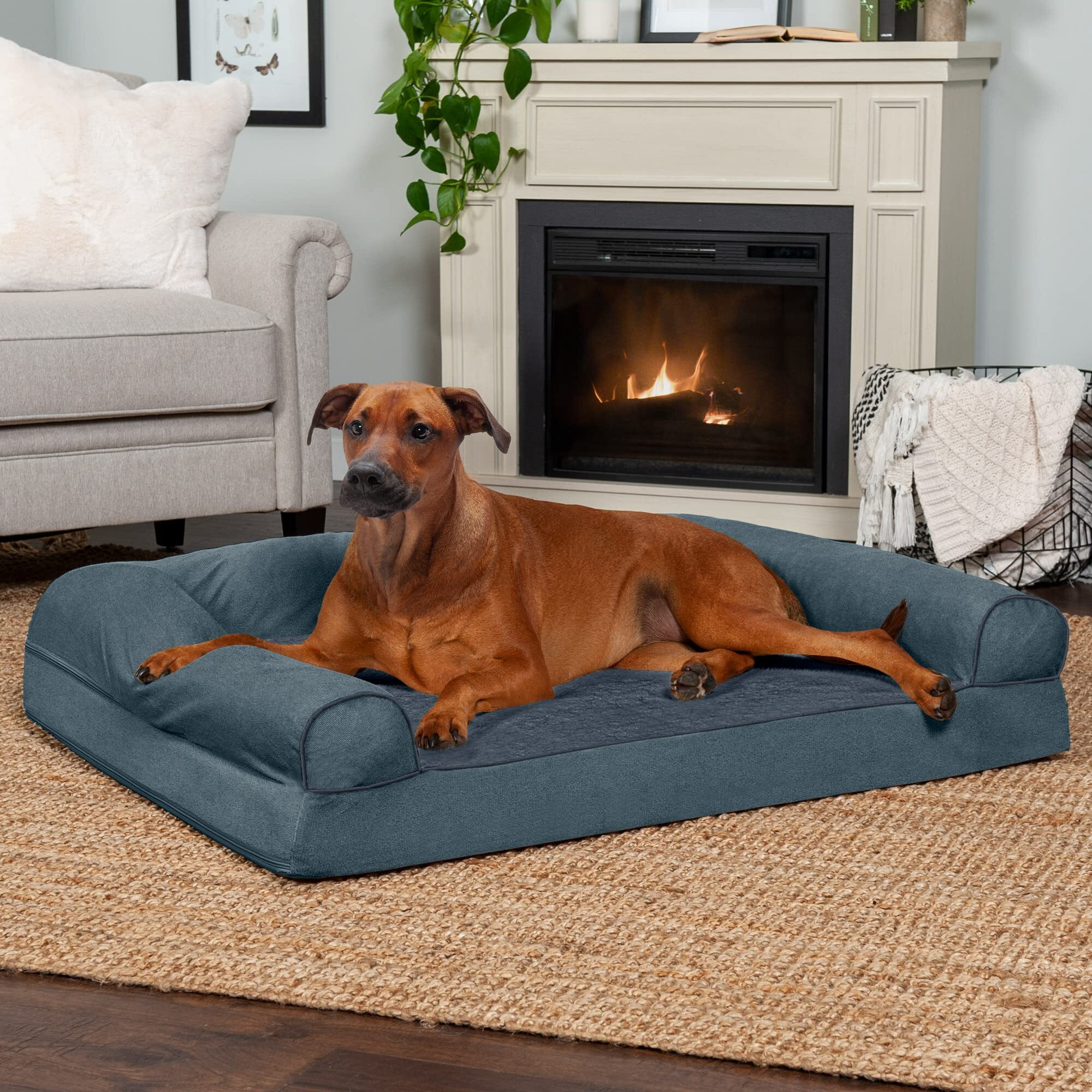Furhaven Orthopedic Dog Bed For Large Dogs W/ Removable Bolsters & Washable Cover, For Dogs Up To 95 Lbs - Sherpa & Chenille Sofa - Orion Blue, Jumbo/Xl