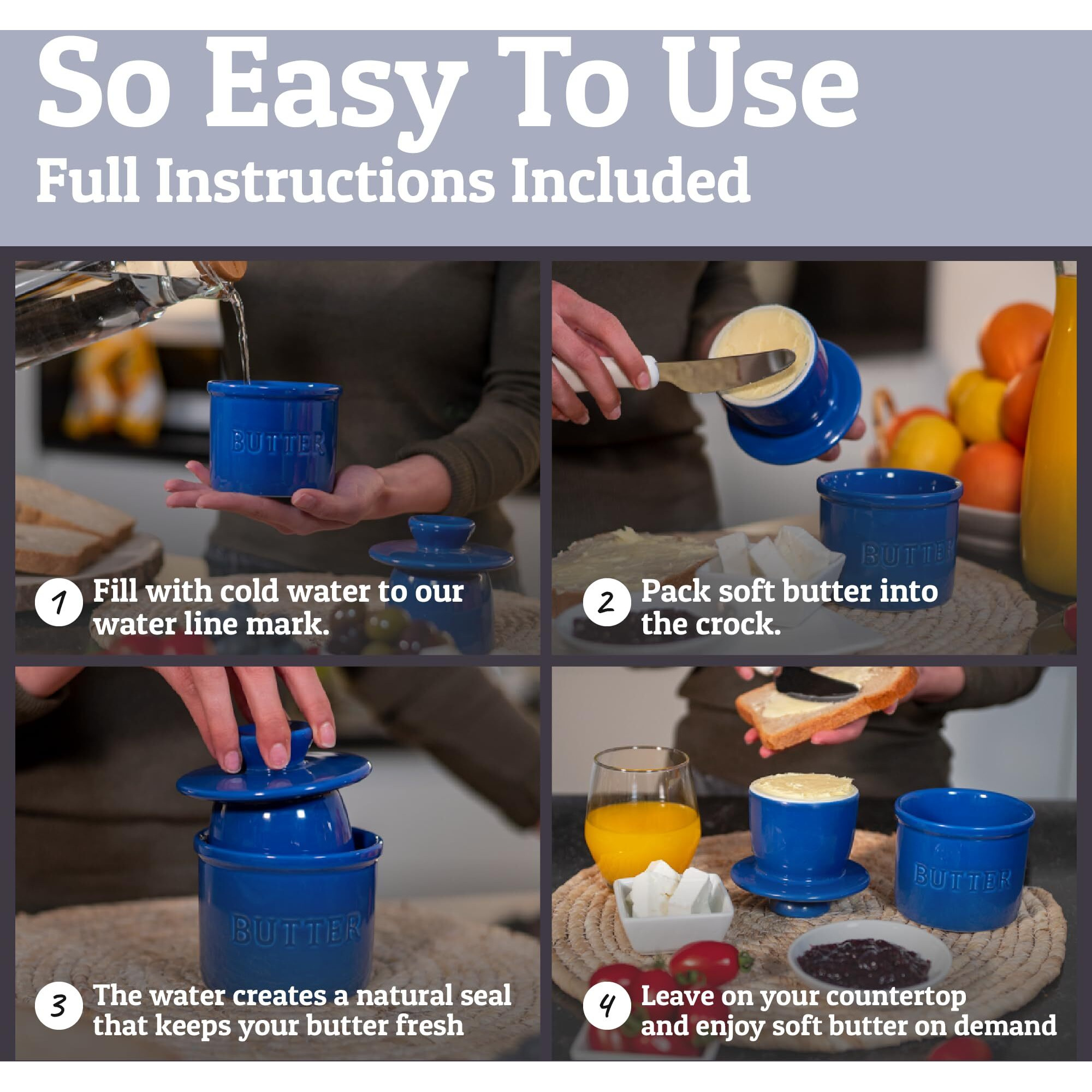 Prioritychef French Butter Crock With Lid, Get On Demand Spreadable Butter, Ceramic Butter Keeper To Leave On Counter With Water Line, Dark Blue