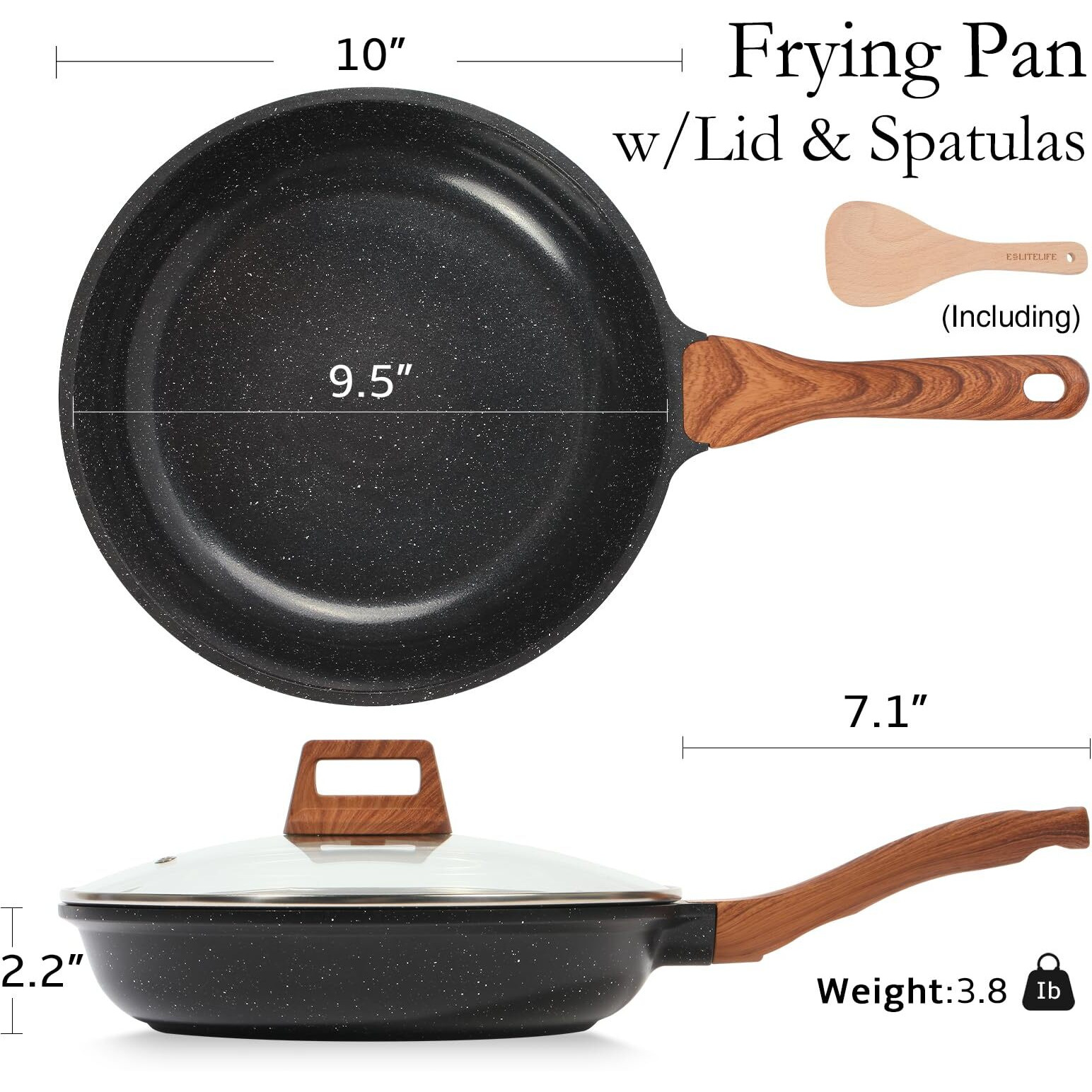Eslite Life Nonstick Ceramic Frying Pan Skillet With Lid, Non-Toxic Egg Omelette Kitchen Cooking Pans Compatible With All Stovetops (Gas, Electric & Induction), Ptfe & Pfoa Free (Black, 9.5"" W/Lid)