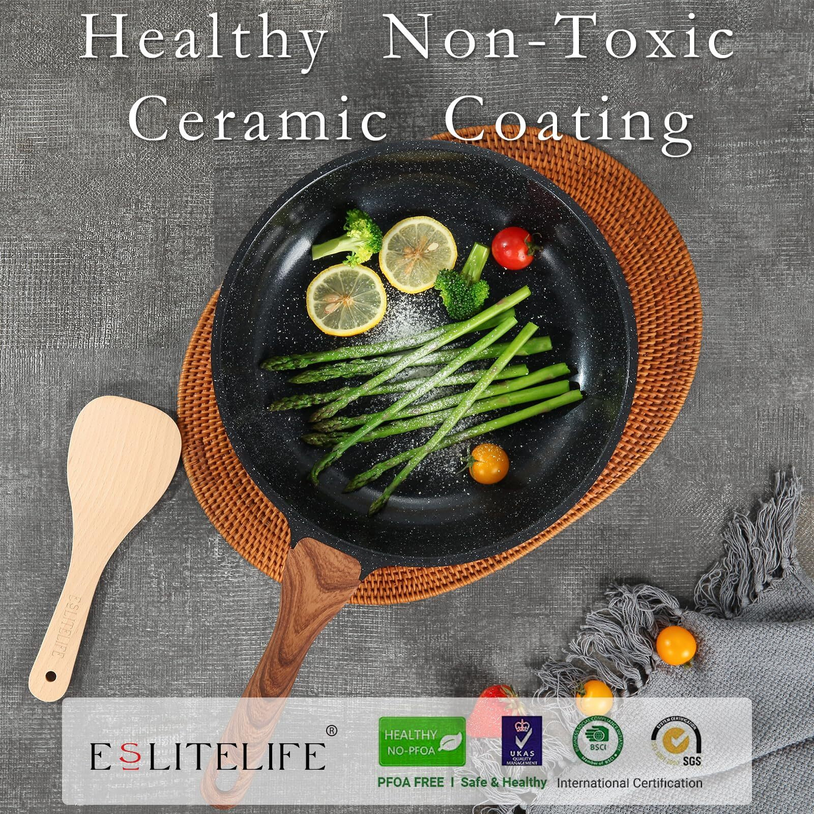 Eslite Life Nonstick Ceramic Frying Pan Skillet With Lid, Non-Toxic Egg Omelette Kitchen Cooking Pans Compatible With All Stovetops (Gas, Electric & Induction), Ptfe & Pfoa Free (Black, 9.5"" W/Lid)