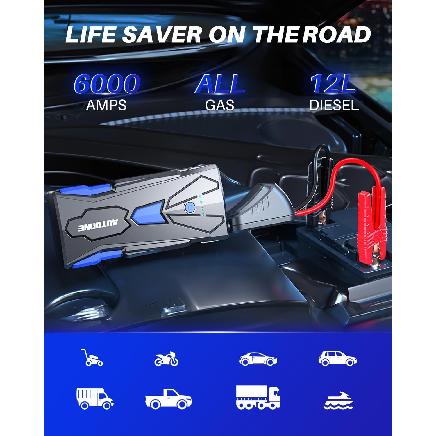Autoone 6000A Car Battery Jump Starter Up To All Gas & 12L Diesel Engine, Car Battery Jumper Starter Portable 12V Jump Box With Usb Output, Storage Case, Led Flashlight