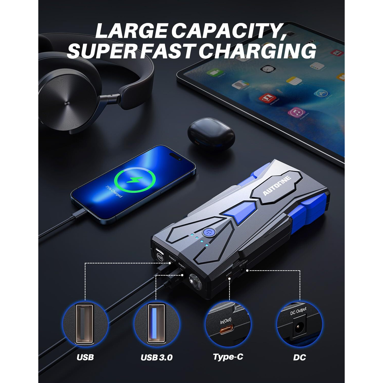Autoone 6000A Car Battery Jump Starter Up To All Gas & 12L Diesel Engine, Car Battery Jumper Starter Portable 12V Jump Box With Usb Output, Storage Case, Led Flashlight
