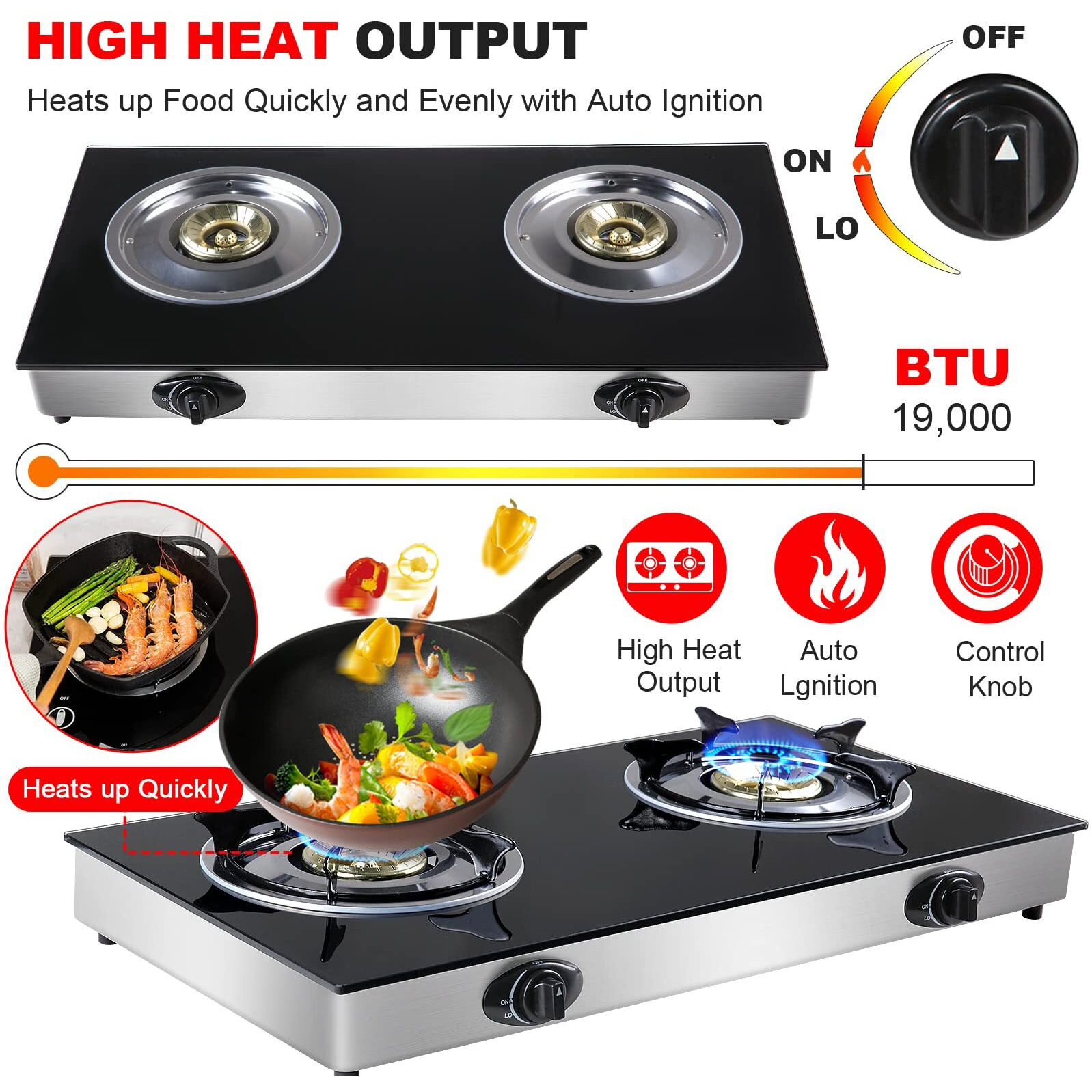 Propane Gas Cooktop 2 Burners Stove Portable Gas Stove Tempered Glass Double Auto Ignition Camping Burner Lpg For Rv, Apartments, Outdoor