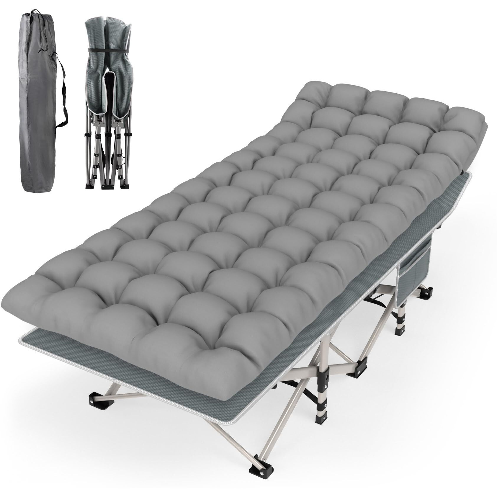 Suteck Camping Cot, Folding Camping Cot Bed For Adults Sleeping 1200D Double Layer Oxford Portable Folding Outdoor Cots For Camping W/Soft Pad Carry Bag For Home Office Nap Beach Travel, 500Lbs,Grey
