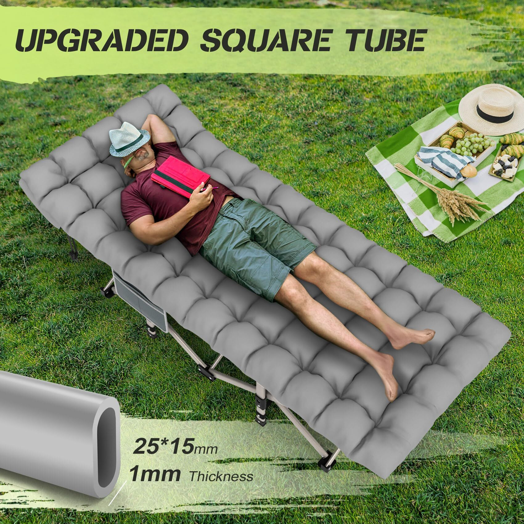 Suteck Camping Cot, Folding Camping Cot Bed For Adults Sleeping 1200D Double Layer Oxford Portable Folding Outdoor Cots For Camping W/Soft Pad Carry Bag For Home Office Nap Beach Travel, 500Lbs,Grey