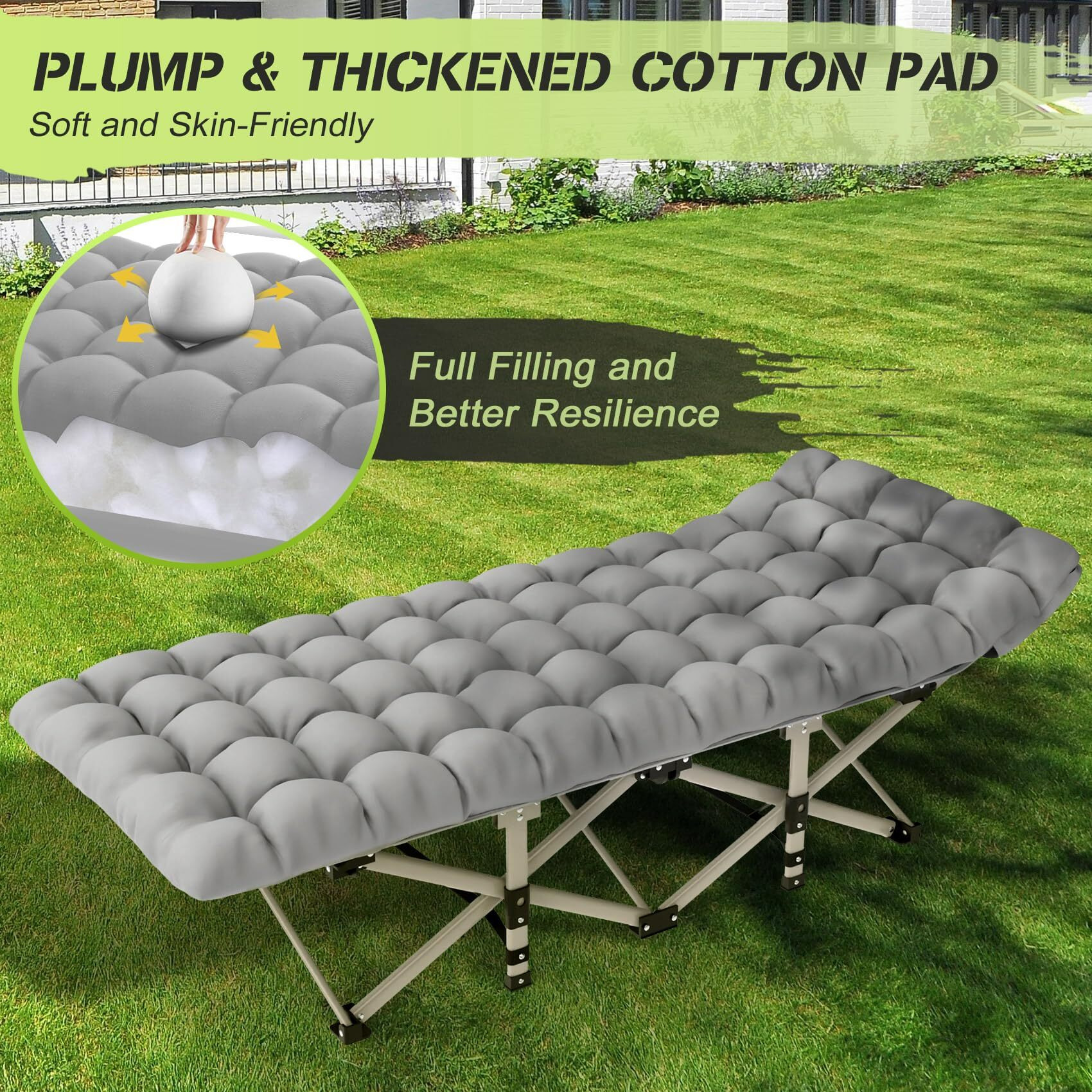 Suteck Camping Cot, Folding Camping Cot Bed For Adults Sleeping 1200D Double Layer Oxford Portable Folding Outdoor Cots For Camping W/Soft Pad Carry Bag For Home Office Nap Beach Travel, 500Lbs,Grey