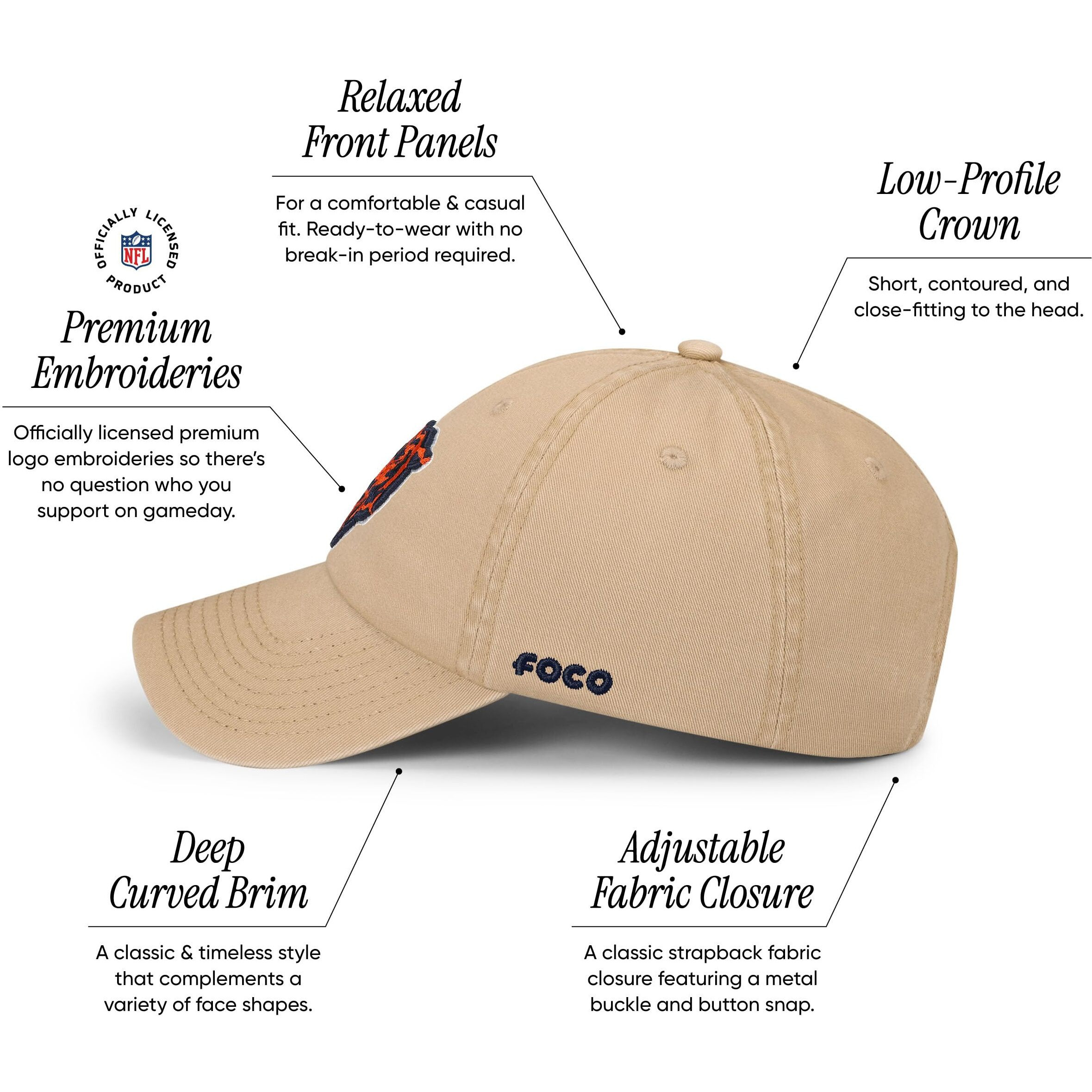 Foco Men's Chicago Bears-Khaki Cap Nfl Logo Casual Hat, Team Color