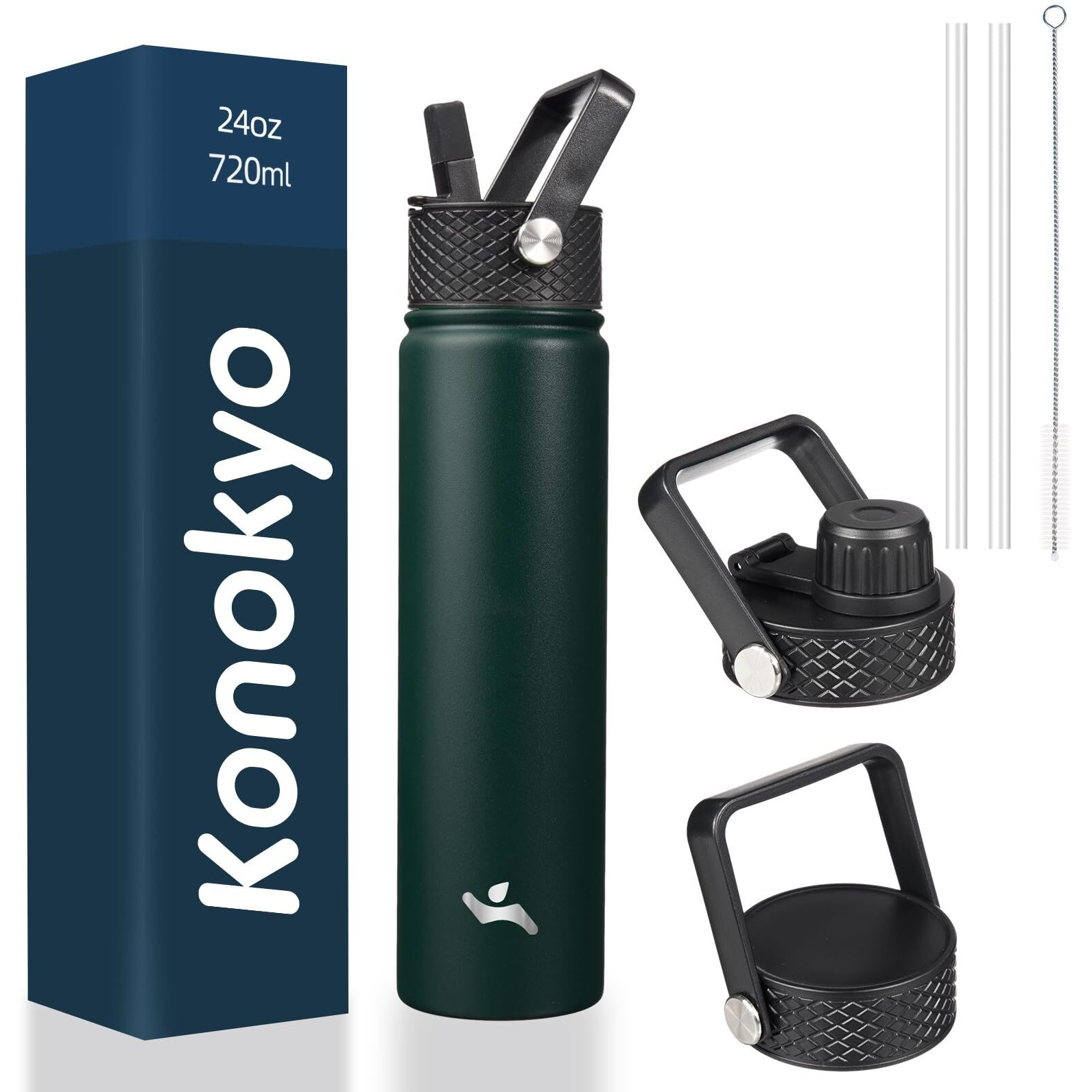 Konokyo Insulated Water Bottle 24Oz Stainless Steel Sport Water Bottles With 3 Lids,Army Green