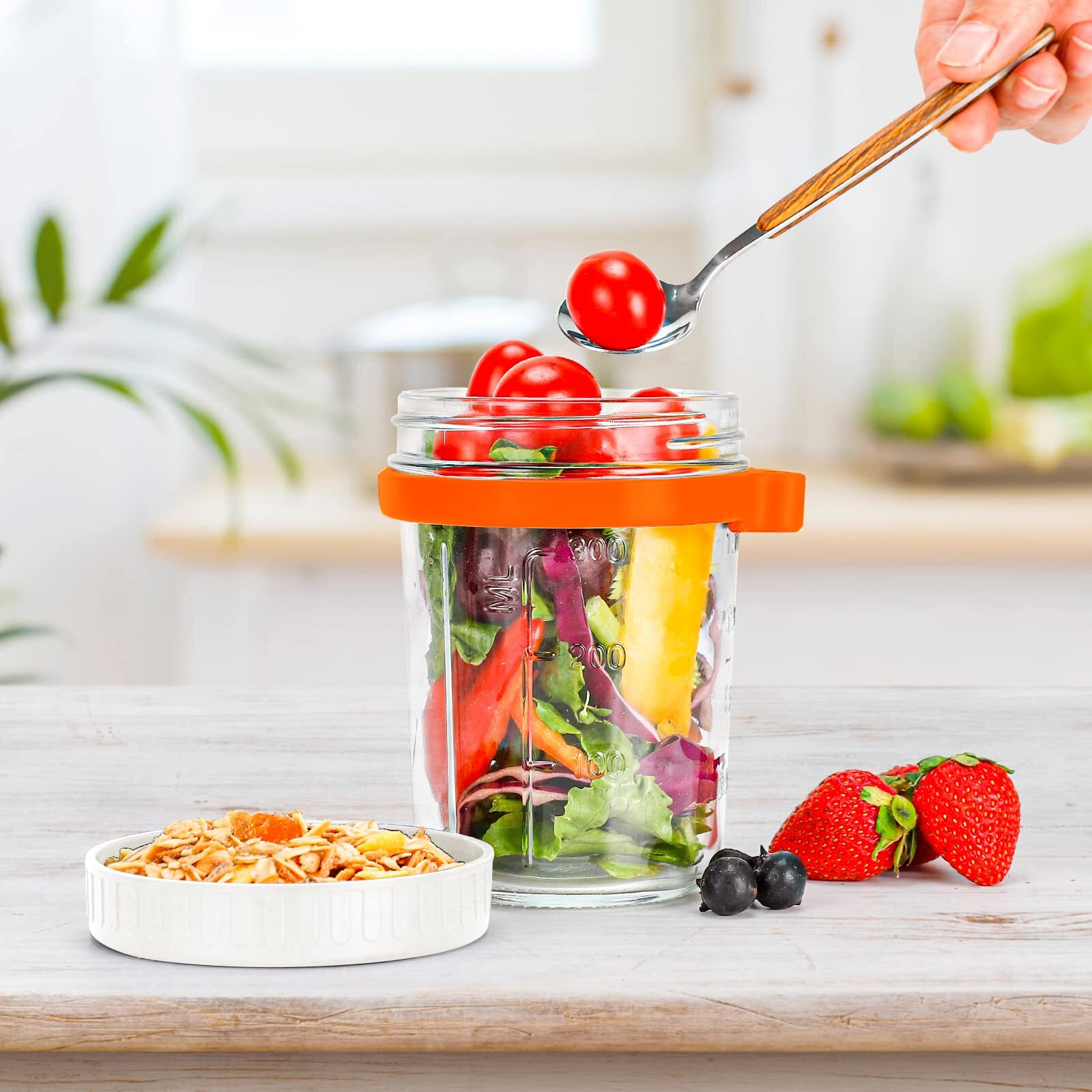 Overnight Oats Jars With Spoon And Lid 16 Oz [2 Pack], Airtight Oatmeal Container With Measurement Marks, Mason Jars With Lid For Cereal On The Go Container (Grey And White)