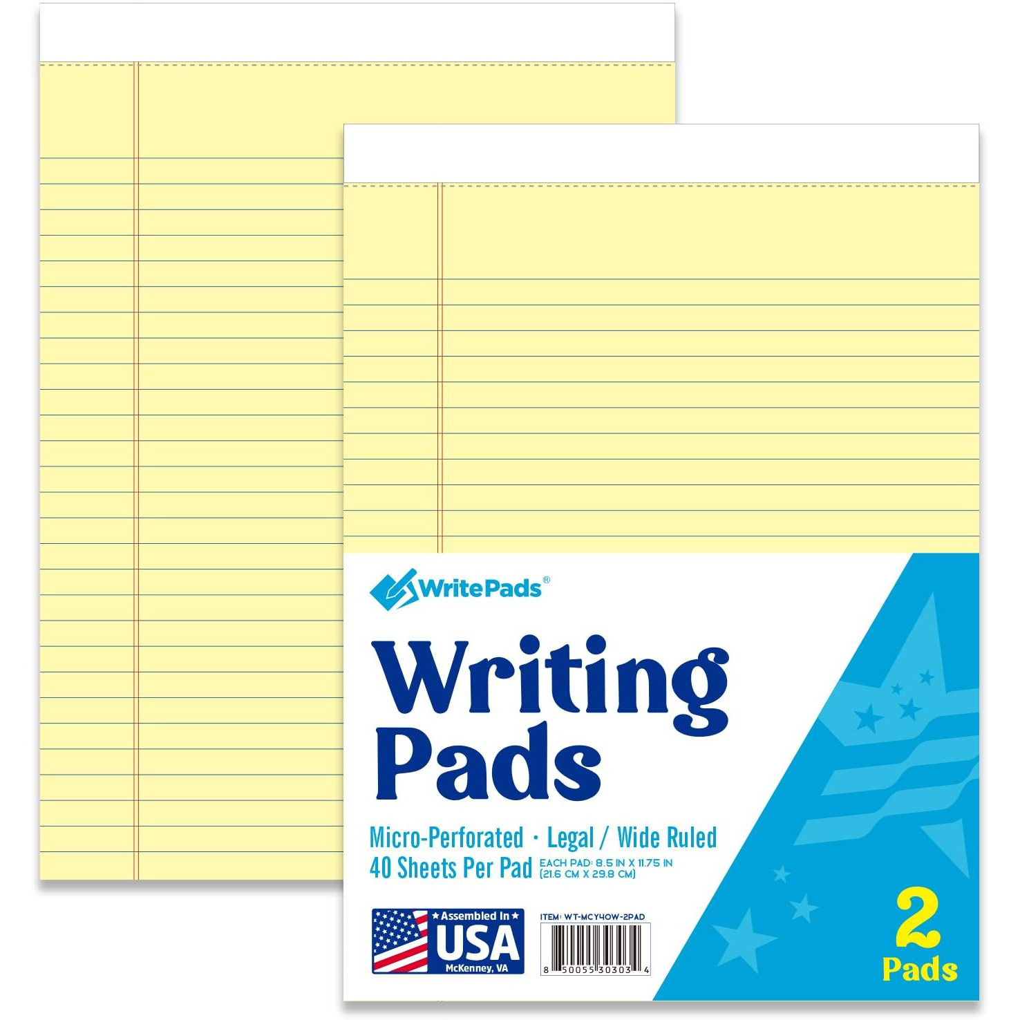 Kaisa Legal Pads 8.5X11 Writing Pads Wide Ruled Notepads 8.5"&quotX11.75"" Canary Note Pads, Yellow 40 Sheets 2 Pads,Wt-Mcy40W-2Pad, Made In The Usa