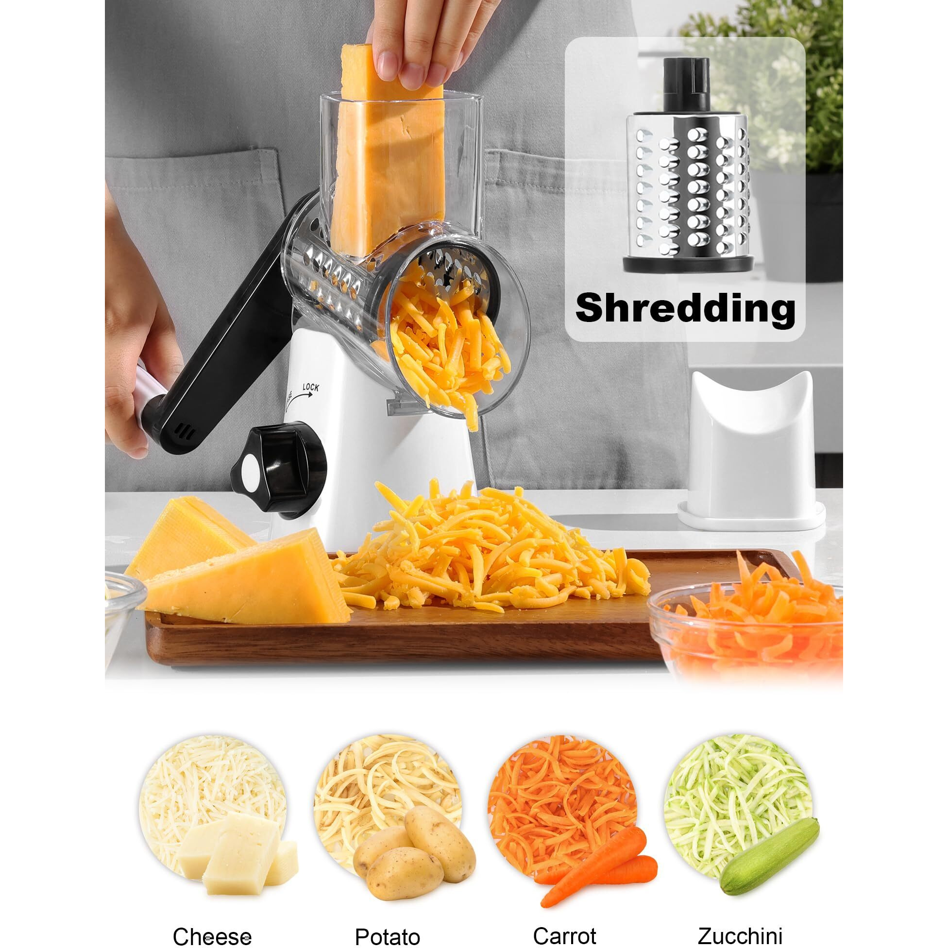 Cheese Grater Rotary, Rotary Grater For Kitchen, Kitchen Grater Vegetable Slicer With 3 Drum Blades, Fast Cutting Cheese Shredder For Vegetables And Nuts