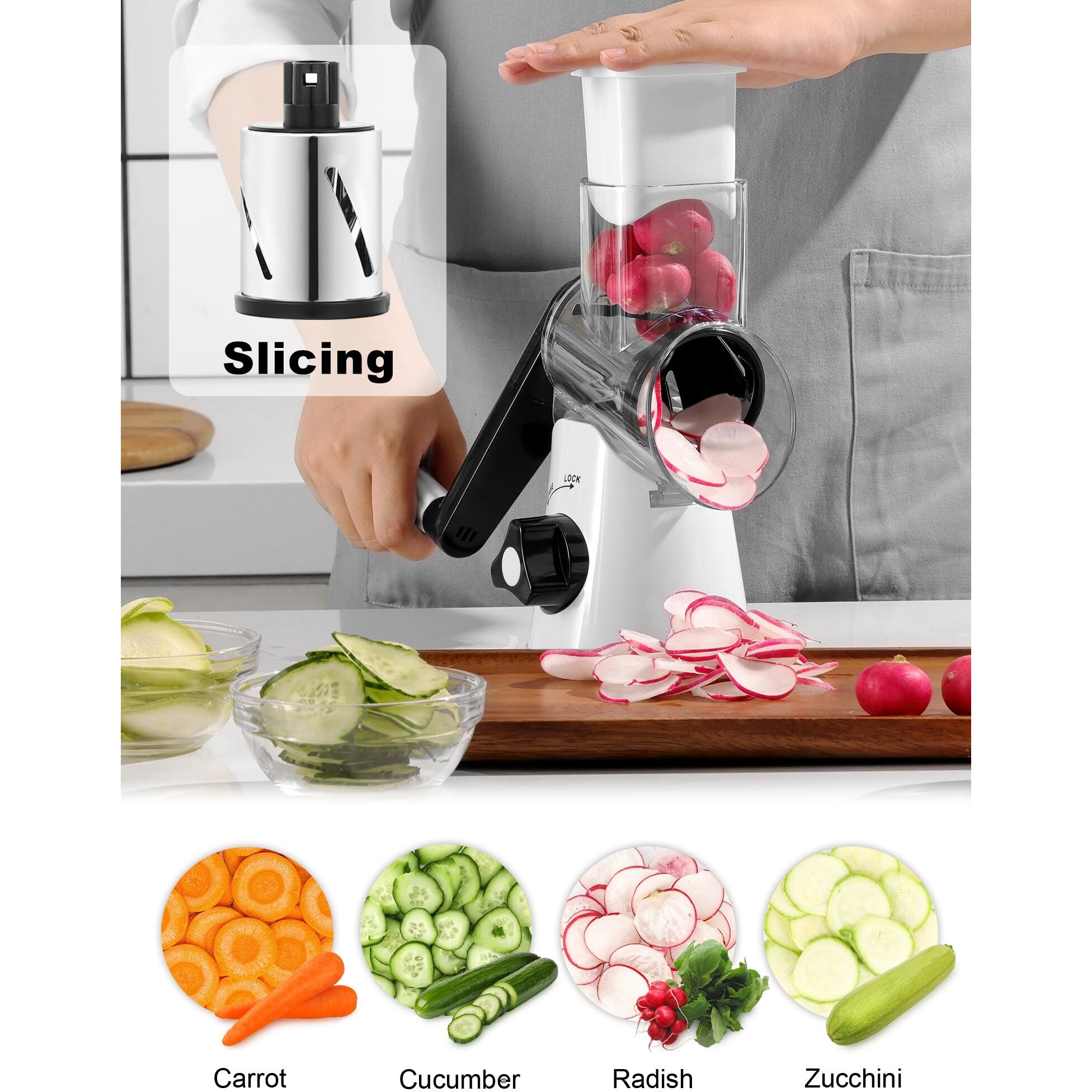 Cheese Grater Rotary, Rotary Grater For Kitchen, Kitchen Grater Vegetable Slicer With 3 Drum Blades, Fast Cutting Cheese Shredder For Vegetables And Nuts