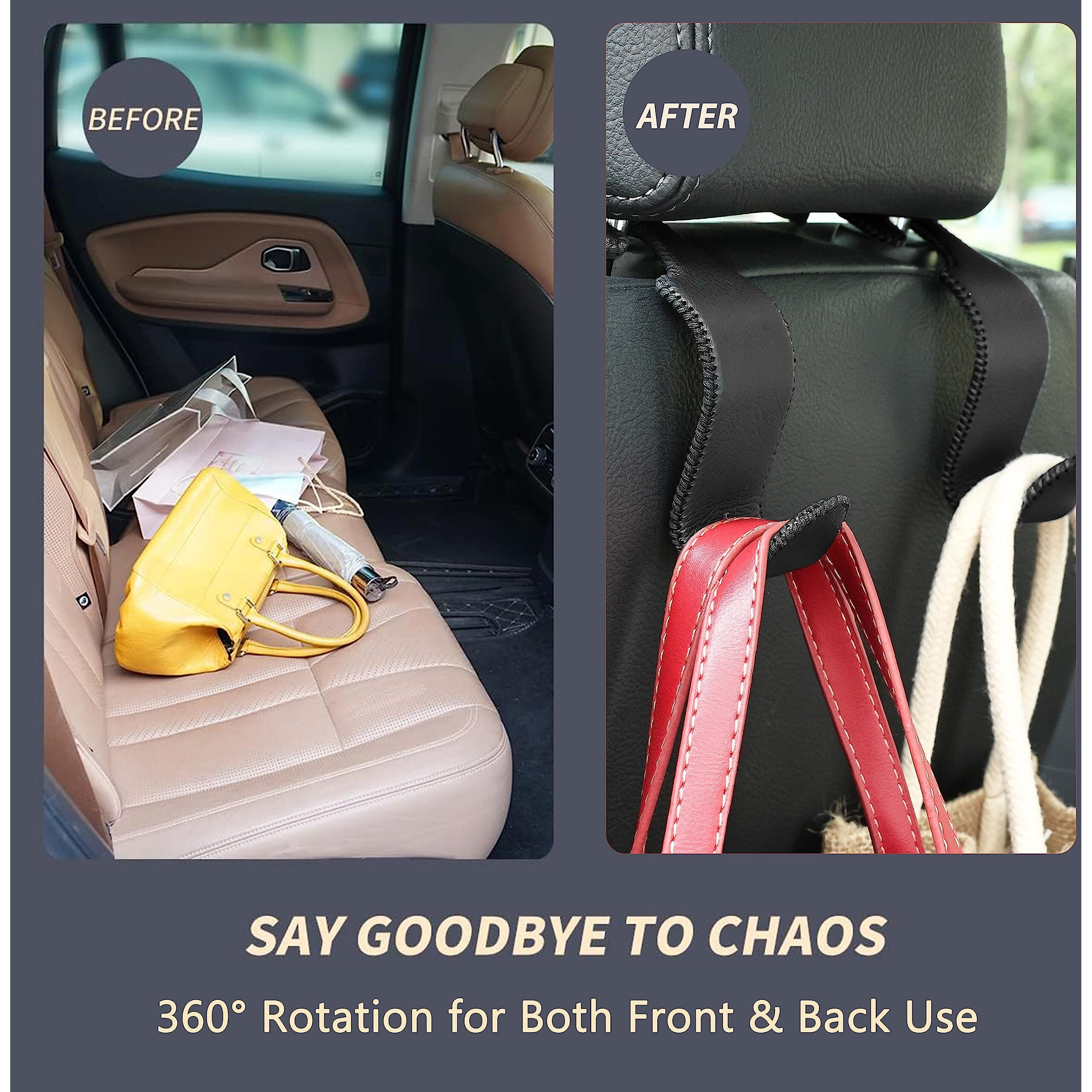 Amooca Car Seat Headrest Hook Universal Vehicle Storage Hanger Leather With Metal Car Seat Back Organizer For Handbag Purse Coat Black 4 Pack