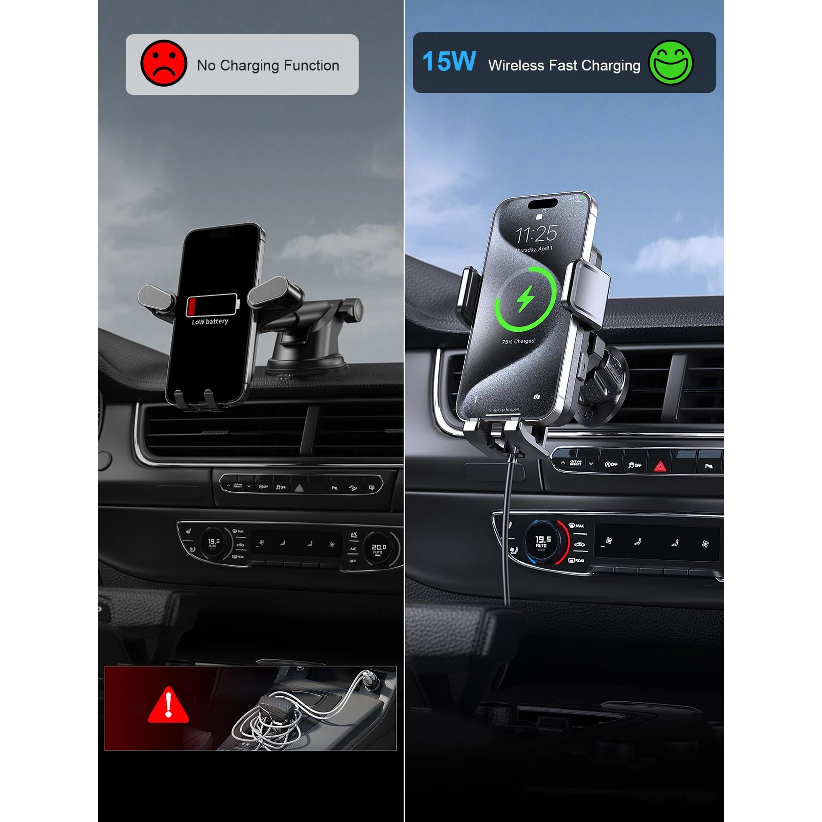 Wireless Car Charger, Mokpr 15W Fast Charging Auto Clamping Air Vent Car Phone Holder With Led Light Car Charger For Iphone 16 15/14/13/12 Pro Max Plus, Samsung S23/S22/S21,Etc