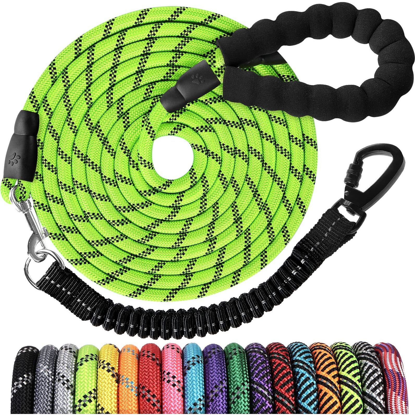 Long Dog Leash 30 Ft Heavy Duty Rope Leashes For Dogs Training With Swivel Lockable Hook Reflective Threads Bungee And Padded Handle - Dog Lead For Large Small Medium Dogs Outside Walking Hiking