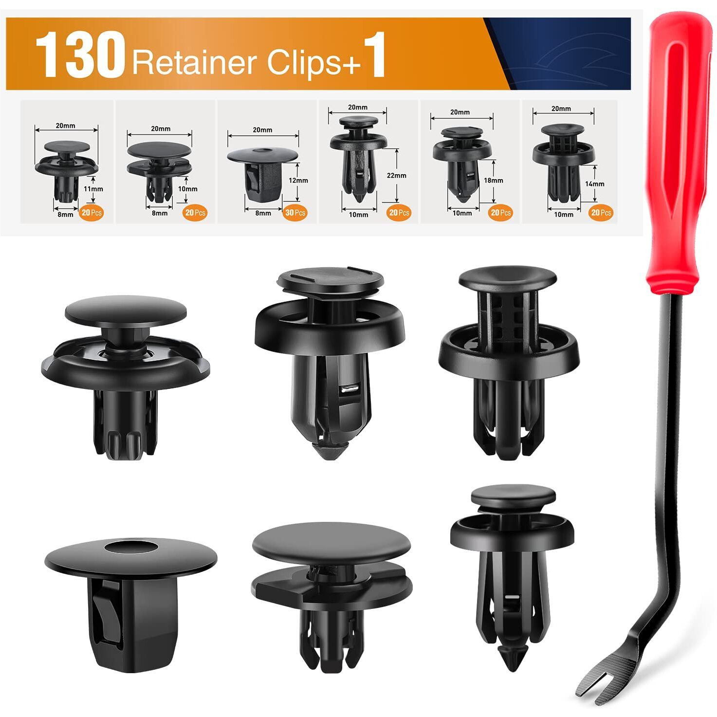 Gooacc 130Pcs Car Bumper Retainer Clips & Nylon Fasteners Push Retainer Kit 6 Most Popular Sizes With 1 Fastener Remover Car Fender Replacement For Honda