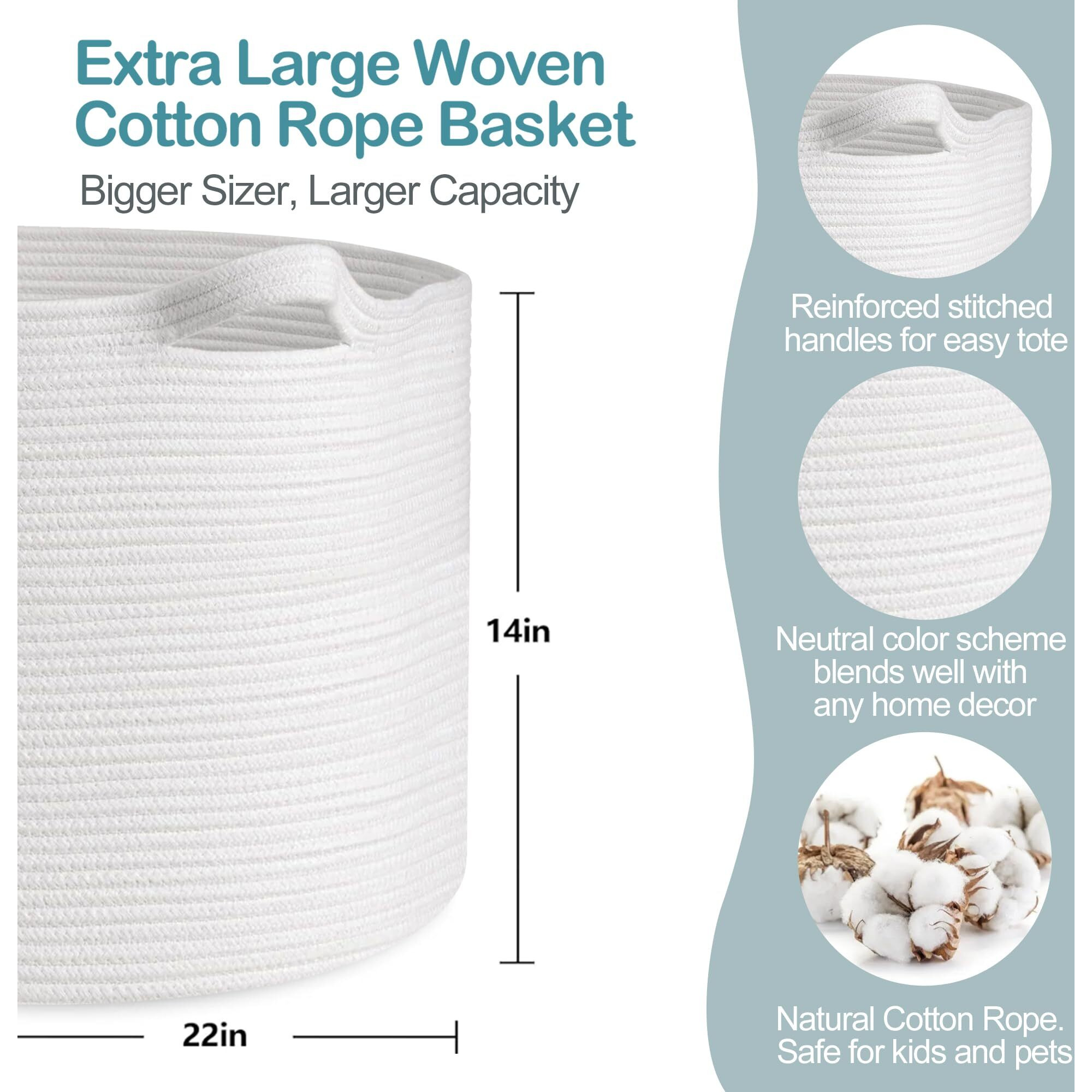 Megasket White Rope Storage Baskets, 22"" X 22"" X 14"" Extra Large Blanket Basket Living Room, Soft Cotton Rope Basket, Toy Basket, Xxxl Baskets For Organizing, Wicker Woven Baby Laundry Basket Hamper