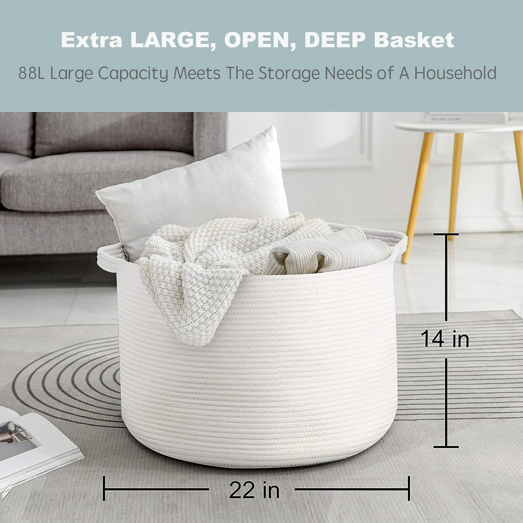 Megasket White Rope Storage Baskets, 22"" X 22"" X 14"" Extra Large Blanket Basket Living Room, Soft Cotton Rope Basket, Toy Basket, Xxxl Baskets For Organizing, Wicker Woven Baby Laundry Basket Hamper
