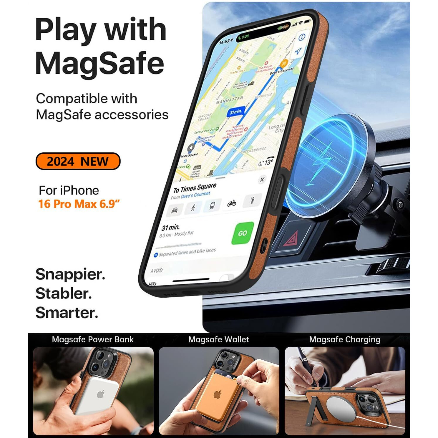 Wtcase Strong Magnetic For Iphone 16 Pro Max Case Leather,[Compatible With Magsafe], Slim Adjustable Kickstand Phone Case For Iphone 16 Pro Max (2024) 6.9"" (Brown)