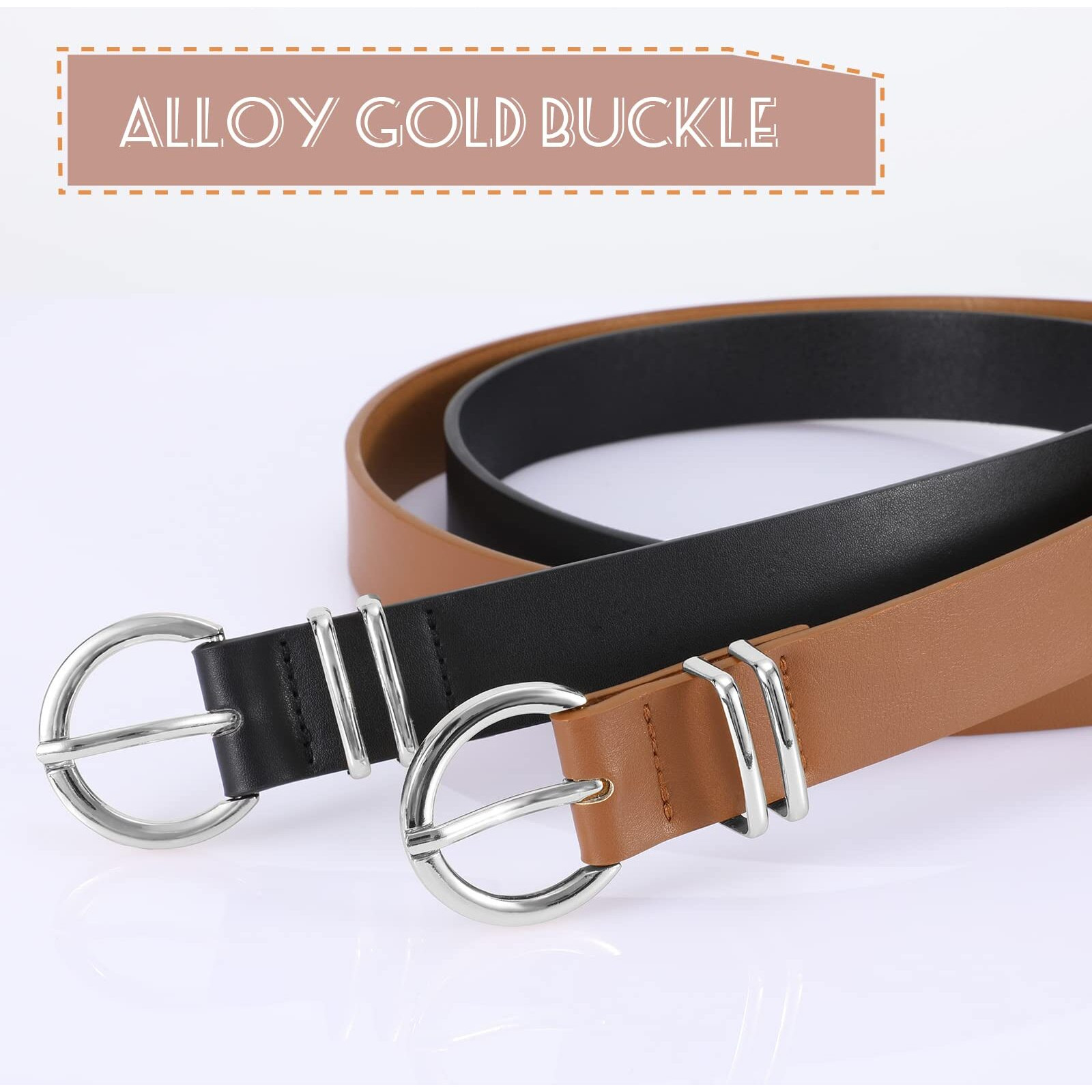 Vonmelli 2 Pack Women's Leather Belts For Jeans Pants Fashion Silver Buckle Ladies Belt Black Brown Xxx Large