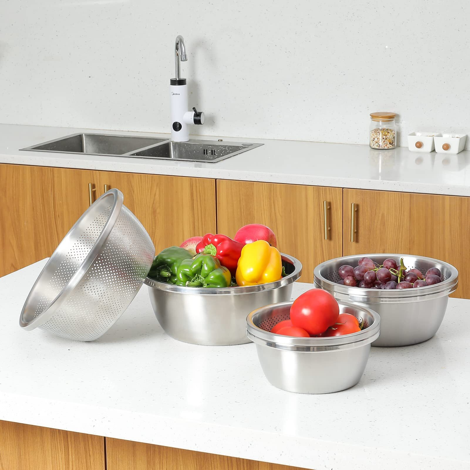304 Stainless Steel Microporous Colander, 1.5Qt Large Capacity With Mixing Bowl For Washing Vegetables, Fruit And Rice And For Draining Cooked Pasta(2Pc)