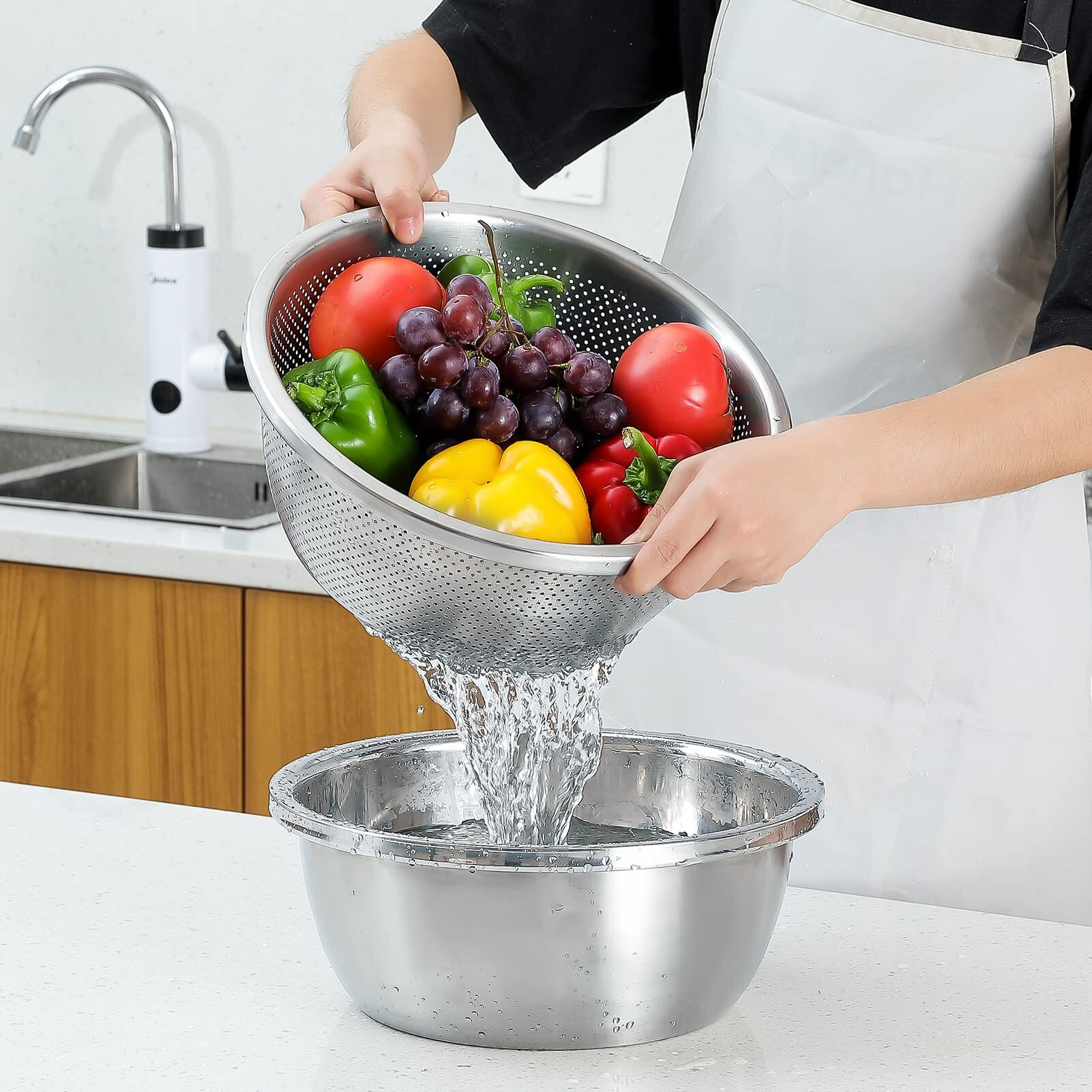 304 Stainless Steel Microporous Colander, 1.5Qt Large Capacity With Mixing Bowl For Washing Vegetables, Fruit And Rice And For Draining Cooked Pasta(2Pc)